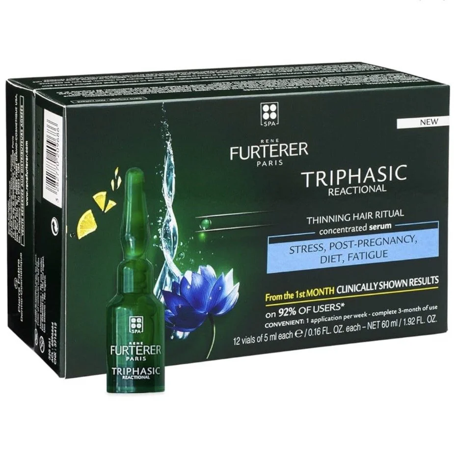 Box of Rene Furtener Paris Triphasic Rectional hair serum for thinning hair, stress, post-pregnancy, diet, fatigue, contains 12 vials of 5 ml each.