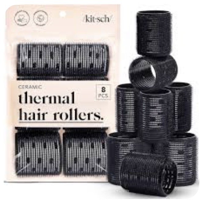 Package of 8 ceramic thermal hair rollers from kitch with black cylindrical rollers stacked beside it.