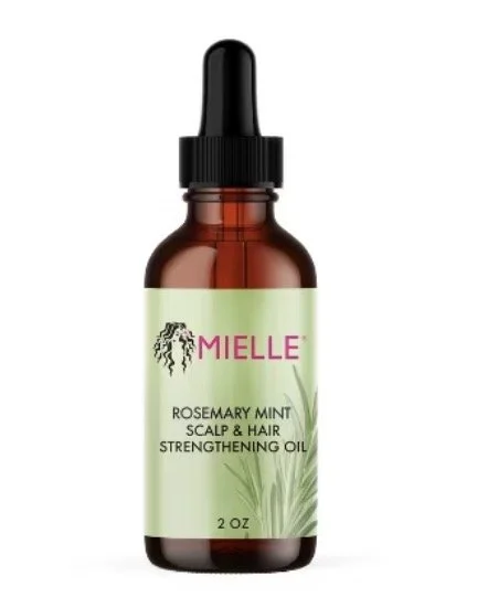 A 2-ounce amber glass dropper bottle of Mielle Rosemary Mint Scalp and Hair Strengthening Oil with a black dropper cap and a light green label featuring the brand name, product description, and a leaf graphic.