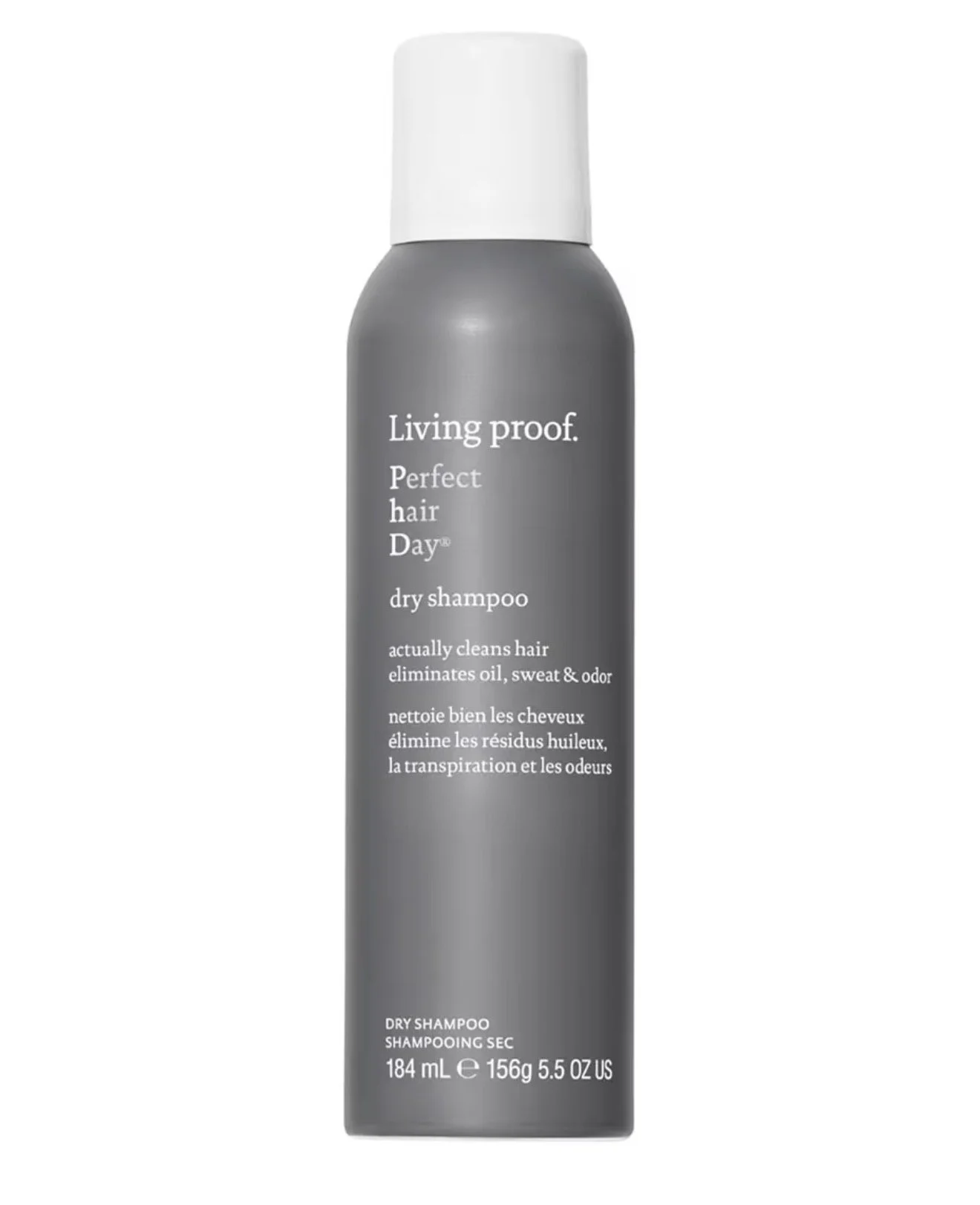 A gray bottle of Living Proof Perfect hair Day dry shampoo with a white cap.
