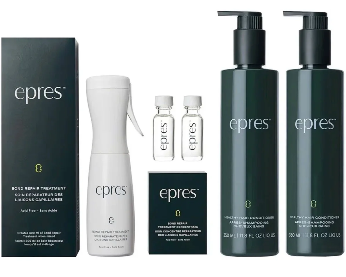 A collection of Epres hair care products including a box of bond repair treatment, a white bottle of bond repair treatment, two small vials of treatment concentrate, and two bottles of healthy hair conditioner with pump dispensers.