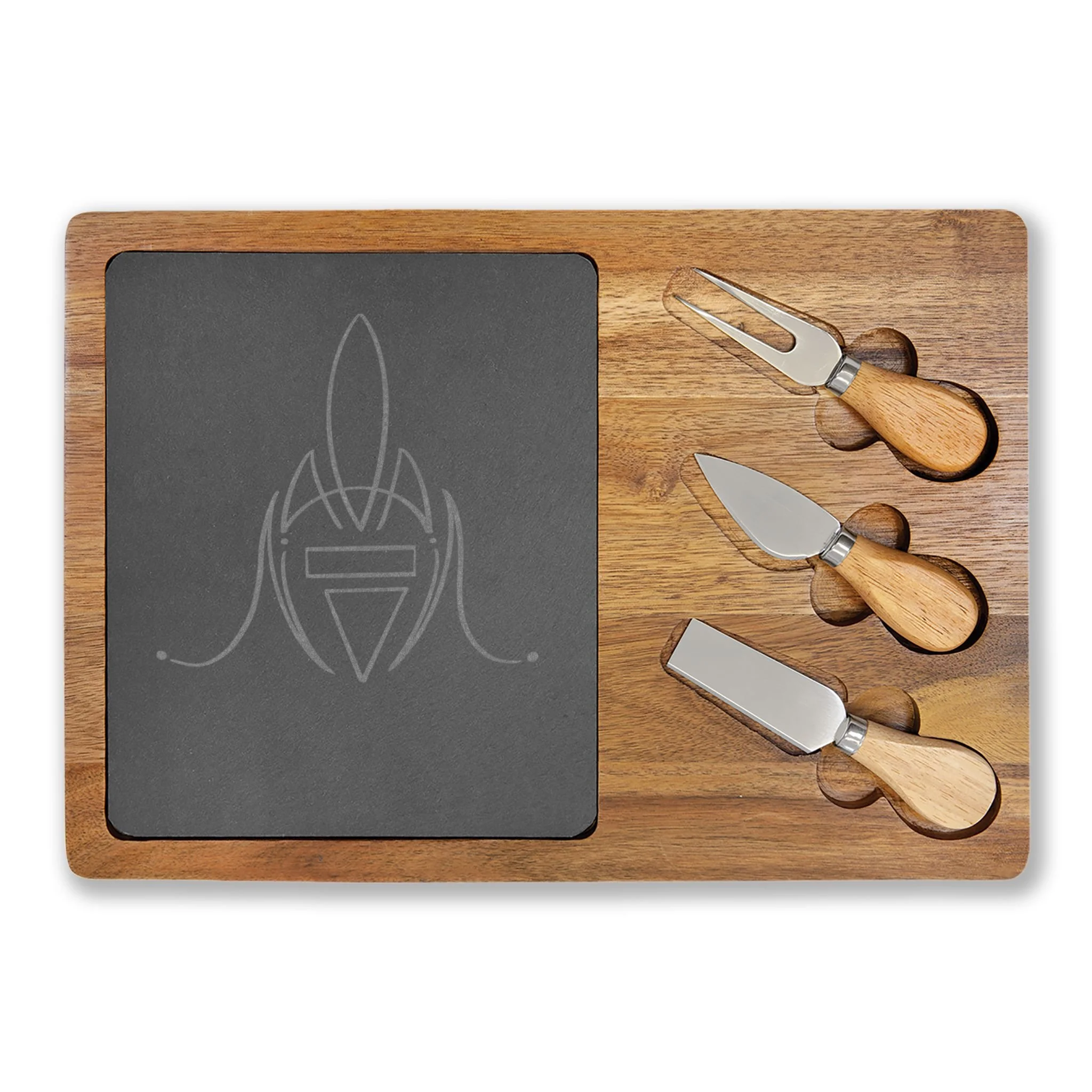 Engraved Acacia Charcuterie Board with Slate Round & Cheese Tools