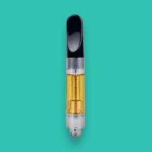 Vape pen with a transparent yellow liquid inside, set against a teal background.