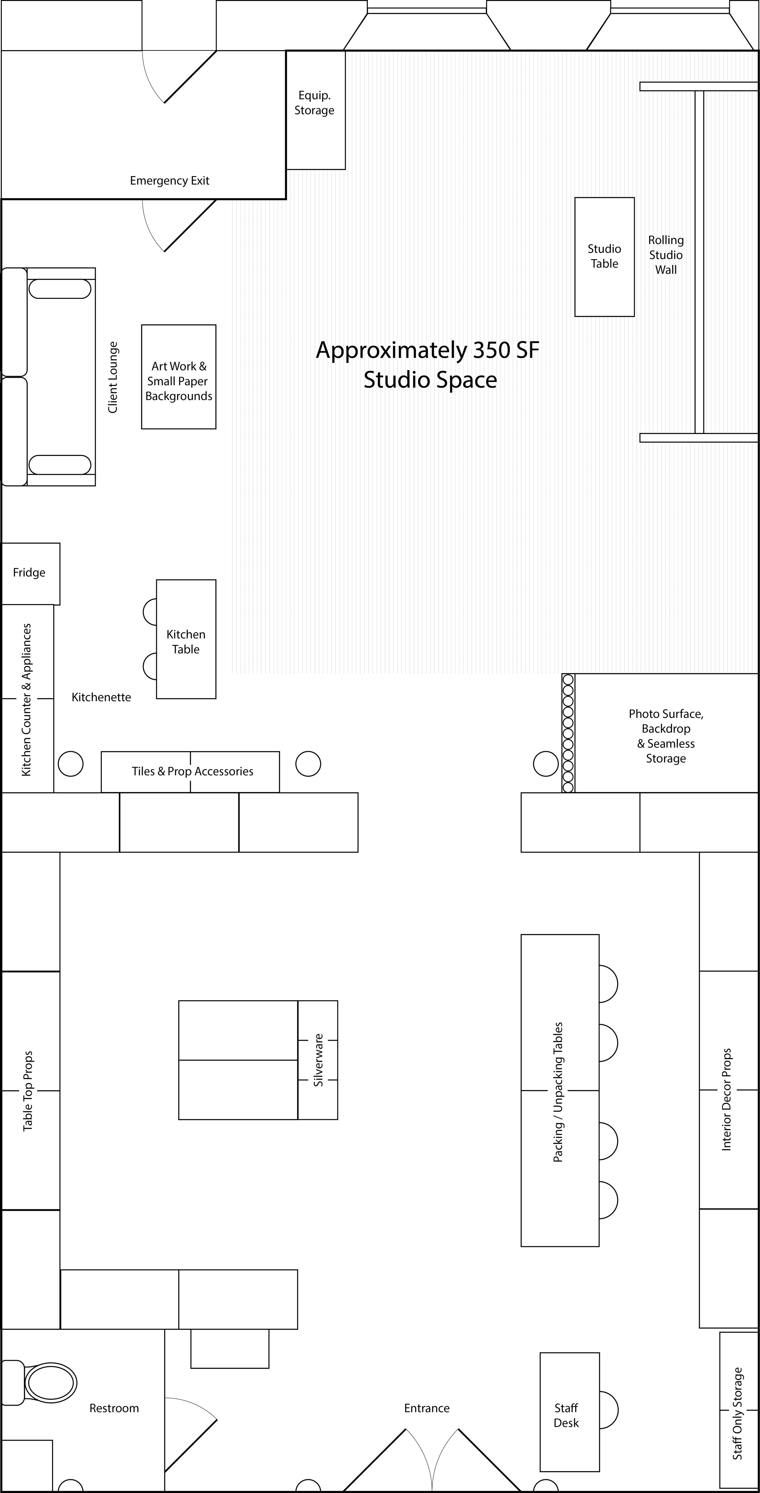 Floor plan of a 350 square foot photography studio with labeled areas, including a client lounge, kitchenette, storage, restroom, staff desk, and specific zones for artwork, props, and studio equipment. The layout features a rolling wall, tables, and an emergency exit.