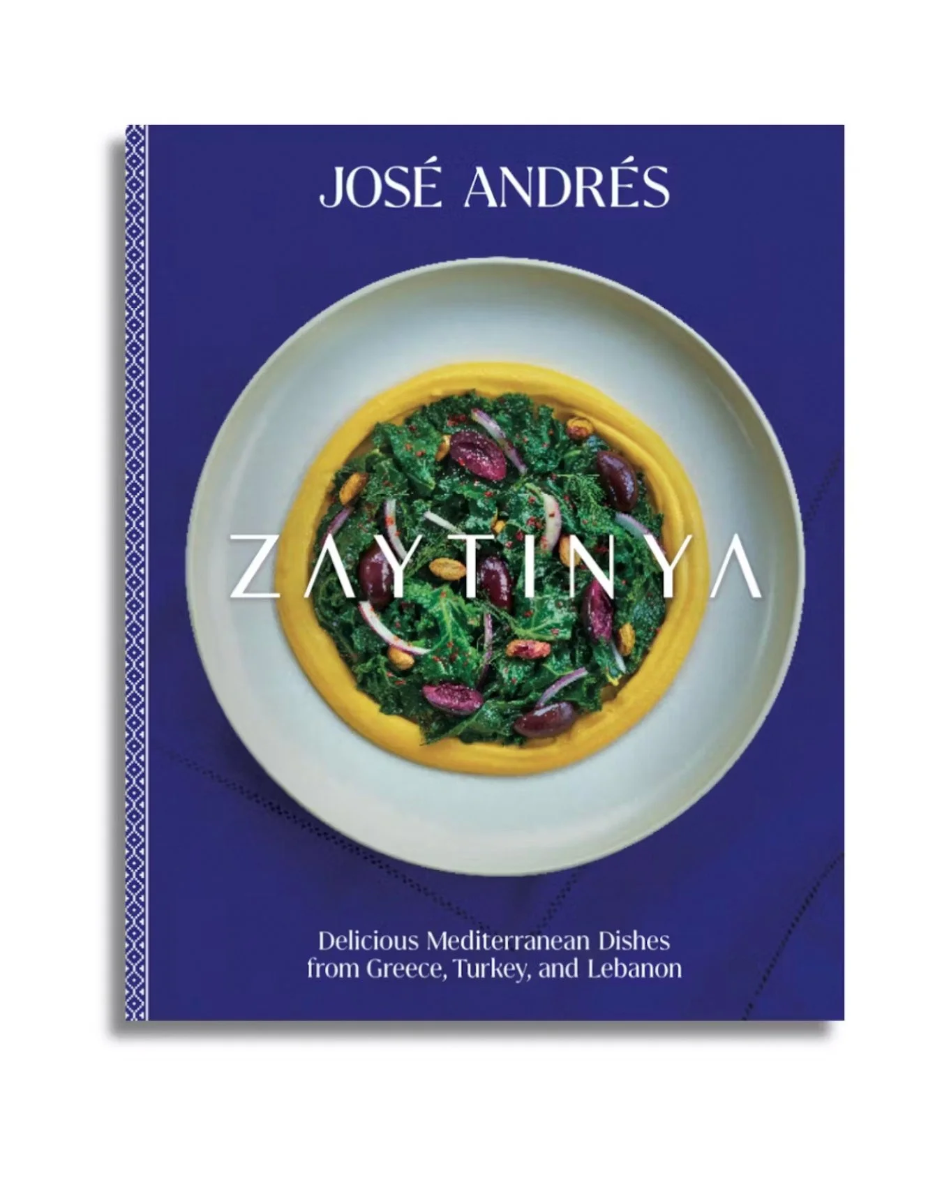 Cover of a cookbook titled 'Zaytinya' by José Andrés, featuring a bowl of Mediterranean salad with greens, red onions, olives, and nuts on a dark blue background.