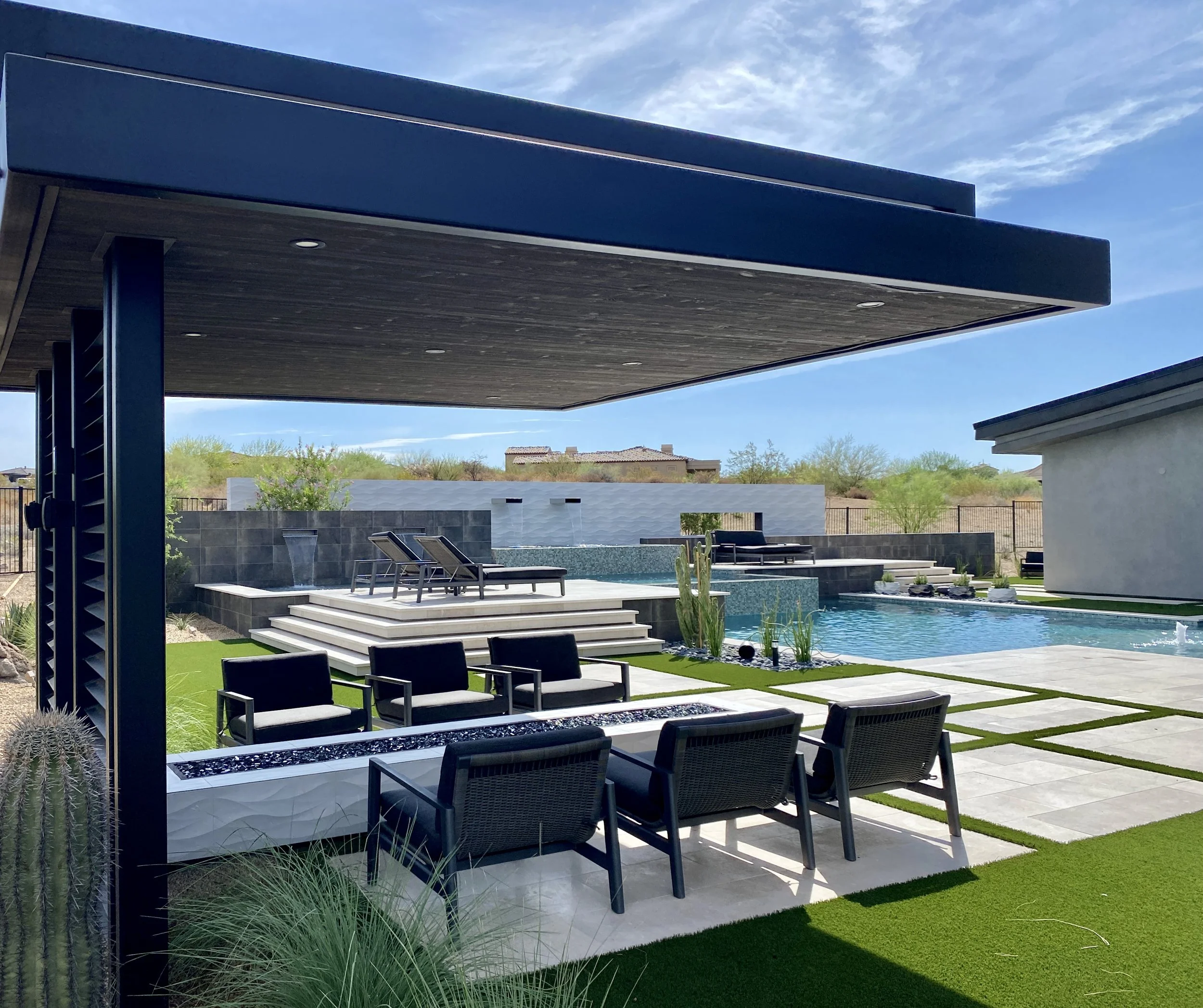 wood black hanging ramada fire feature sitting area pool entertaining