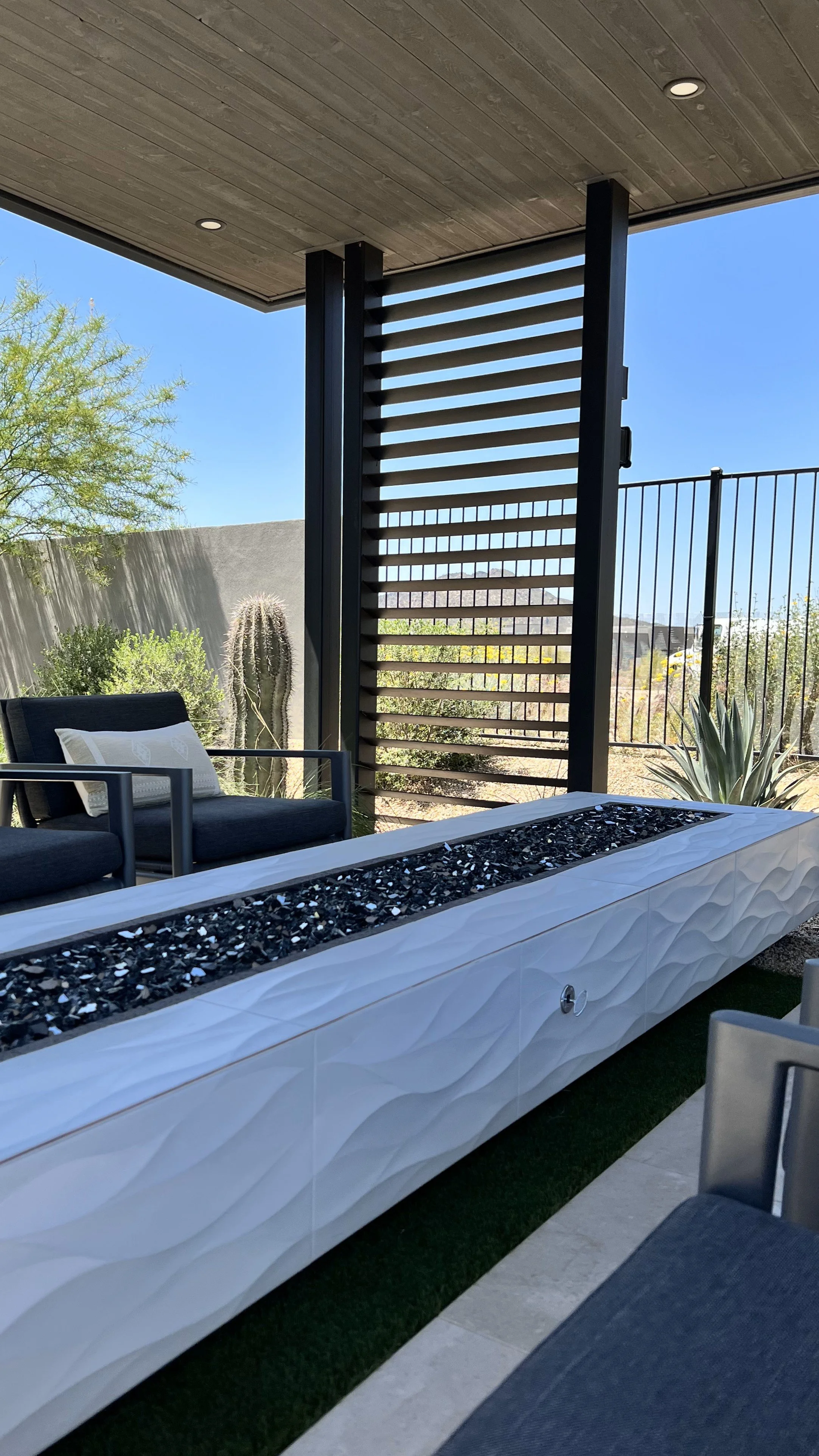 modern fire feature fire rock textured waved white