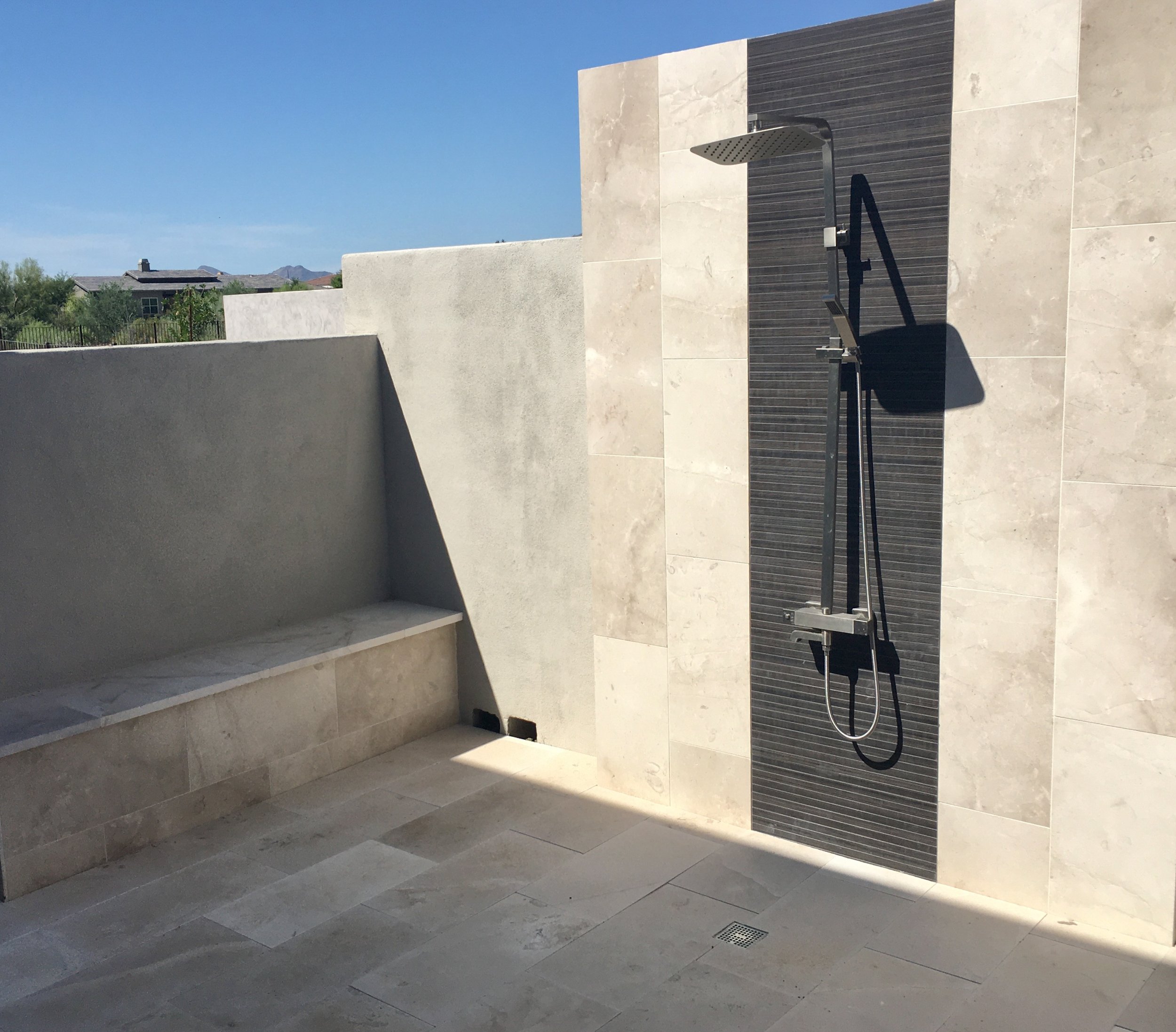 outdoor shower large shower head rain shower bench