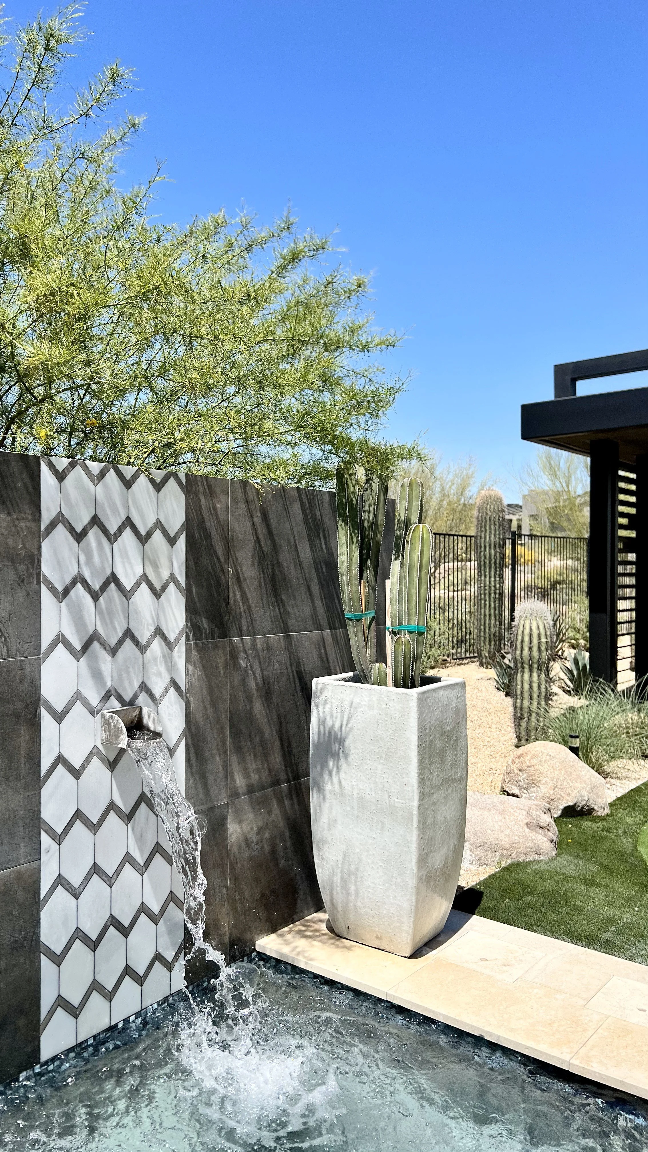 water feature patterned tile scupper planter pot cacti