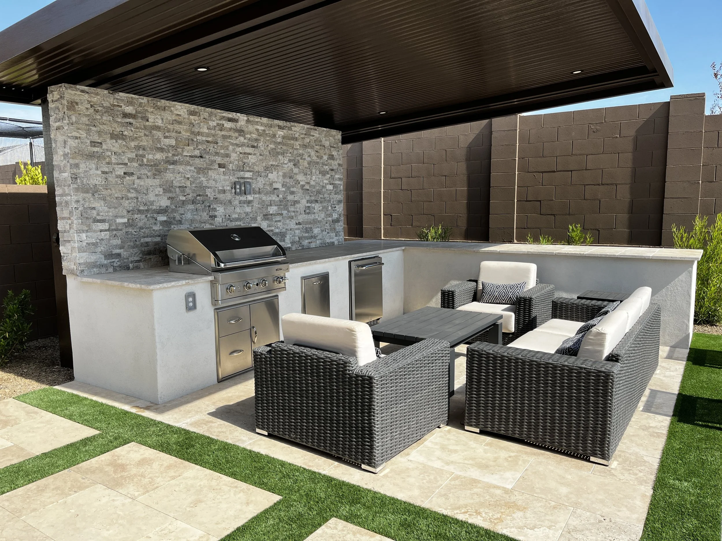 outdoor dining grill storage ramada seating area stackstone