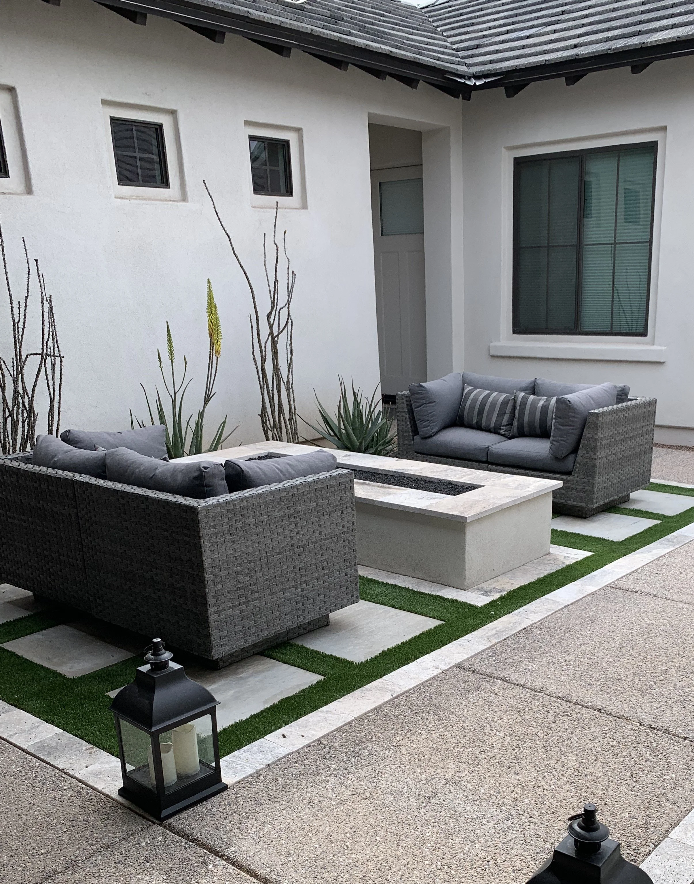 fire pit feature seating area rectangular artificial turf lanterns
