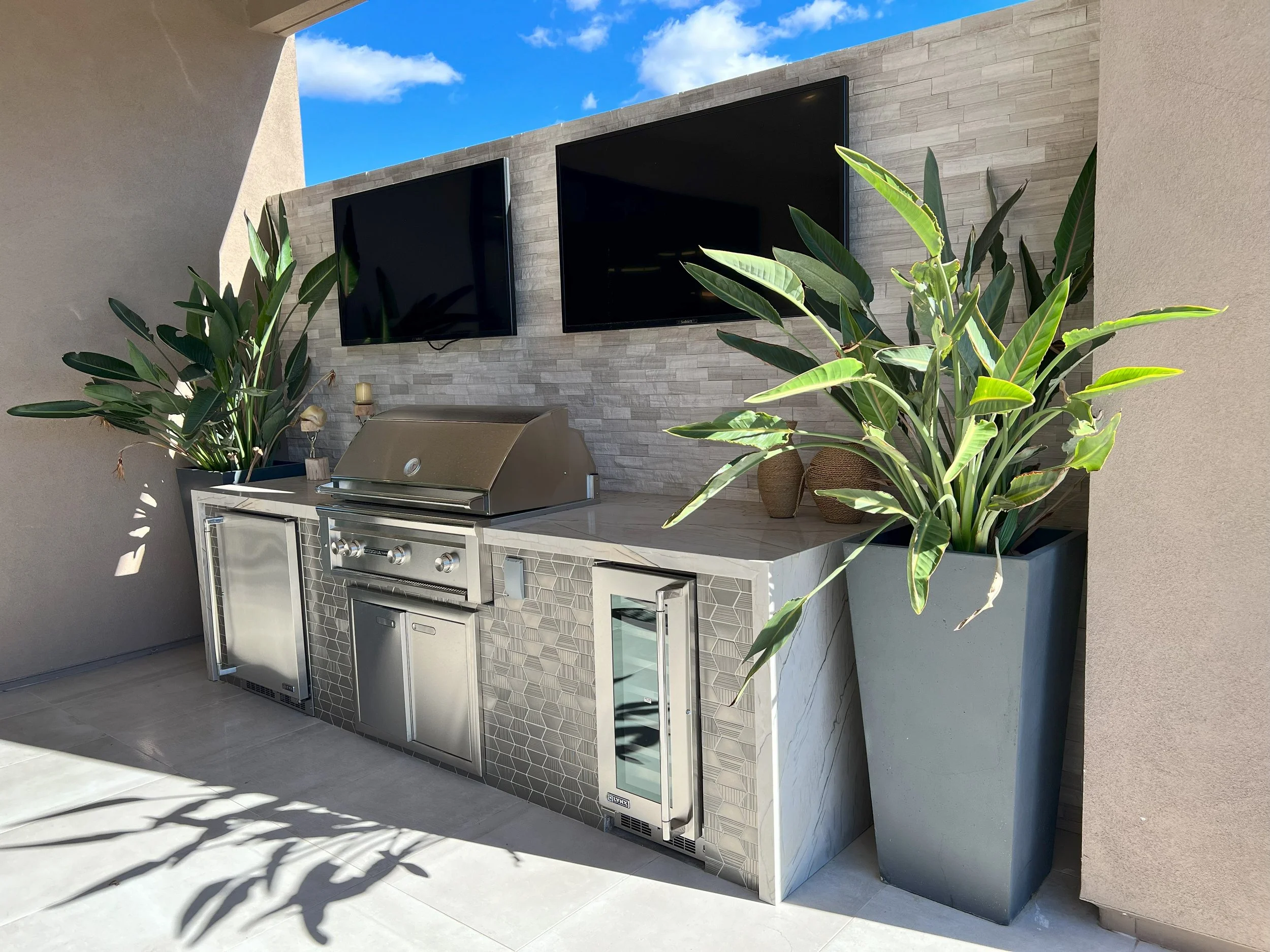 outdoor grill drink fridges double tv wall planters