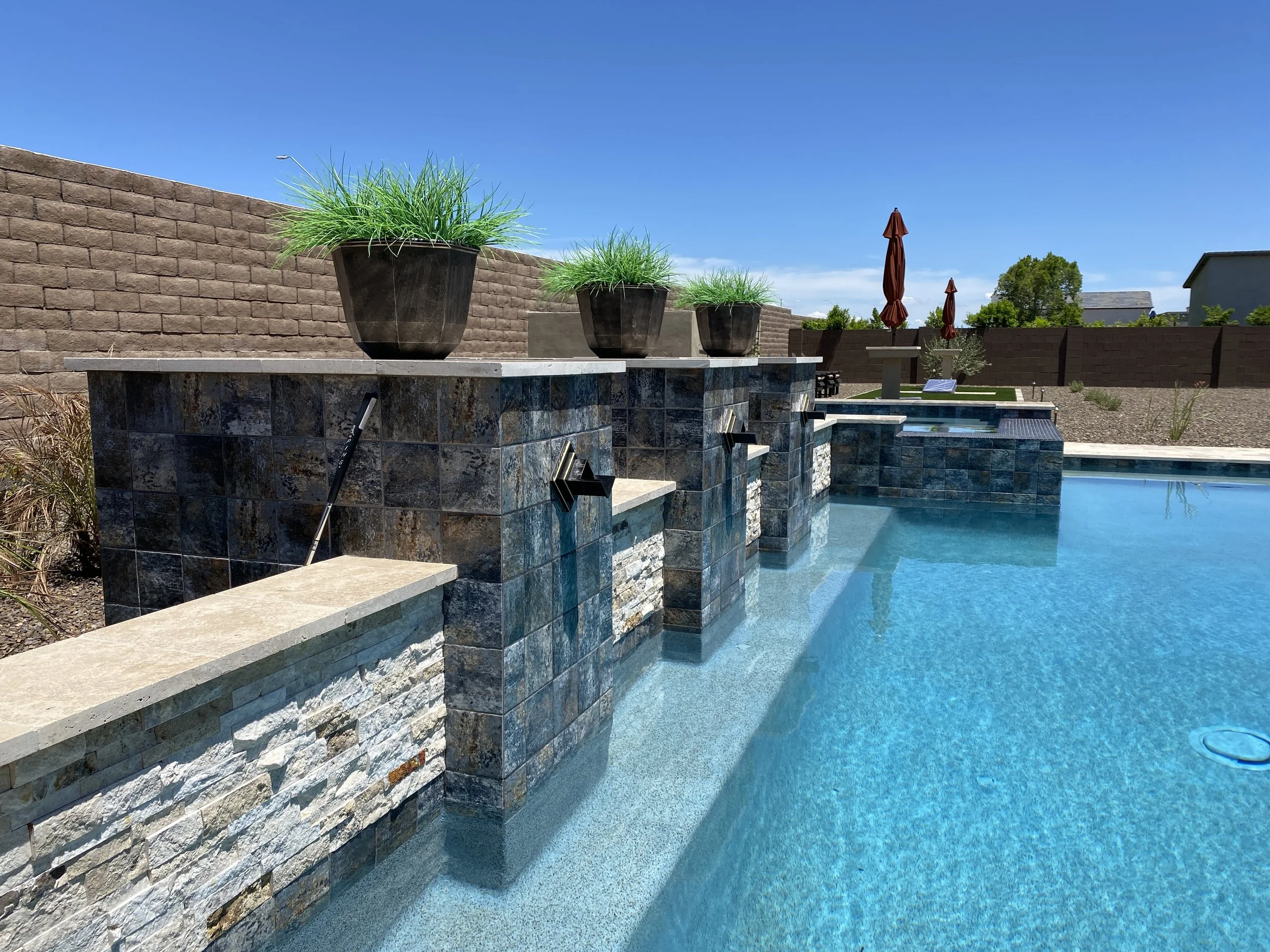water feature scuppers pillars over pool pots
