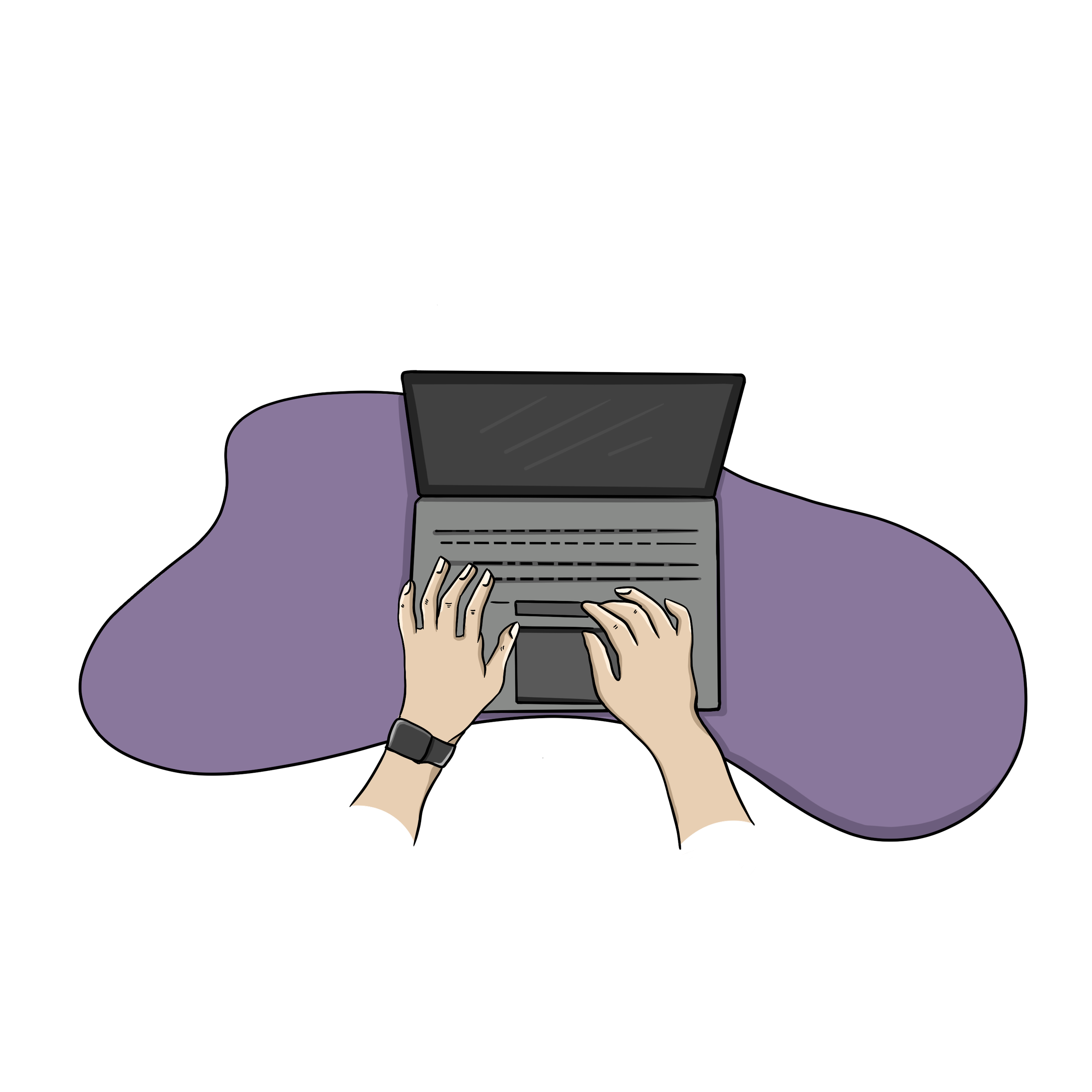 Digital illustration of hands on a laptop from an upward angle