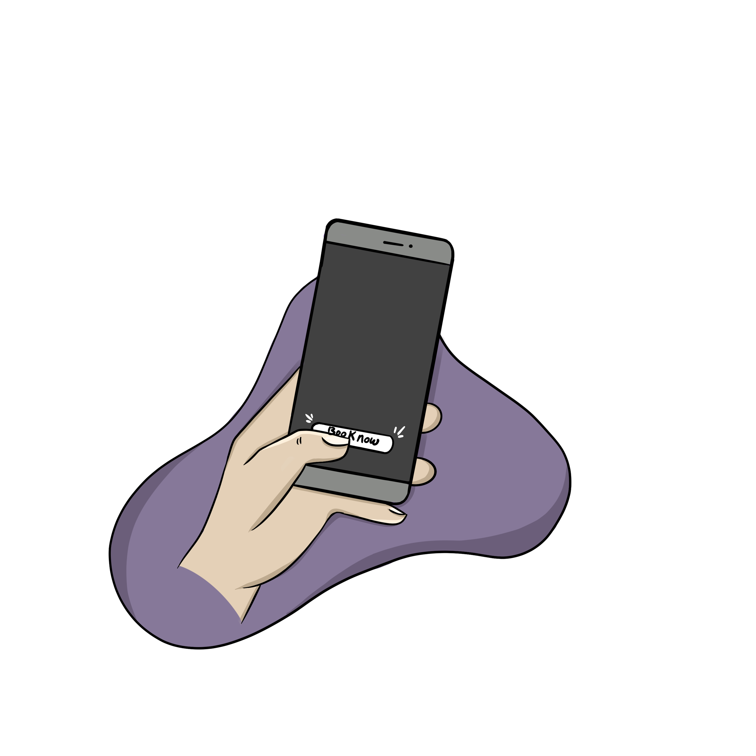 Digital illustration of hands on a phone clicking a "book now" button