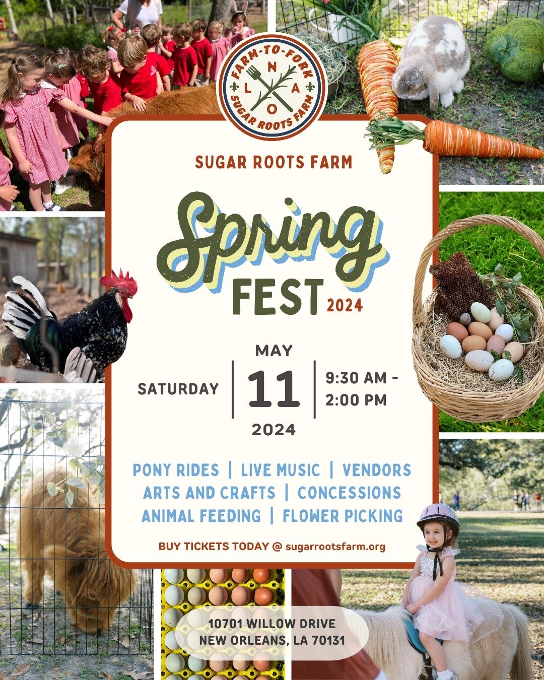 Hi Friends! You're all invited to our annual Spring Festival on Saturday, May 11th, 2024! Buy your tickets today &gt;&gt; (LINK IN BIO or visit sugarrootsfarm.org/events)

This year's fest will include Live Music, Pony Rides, Local NOLA Vendors, Anim