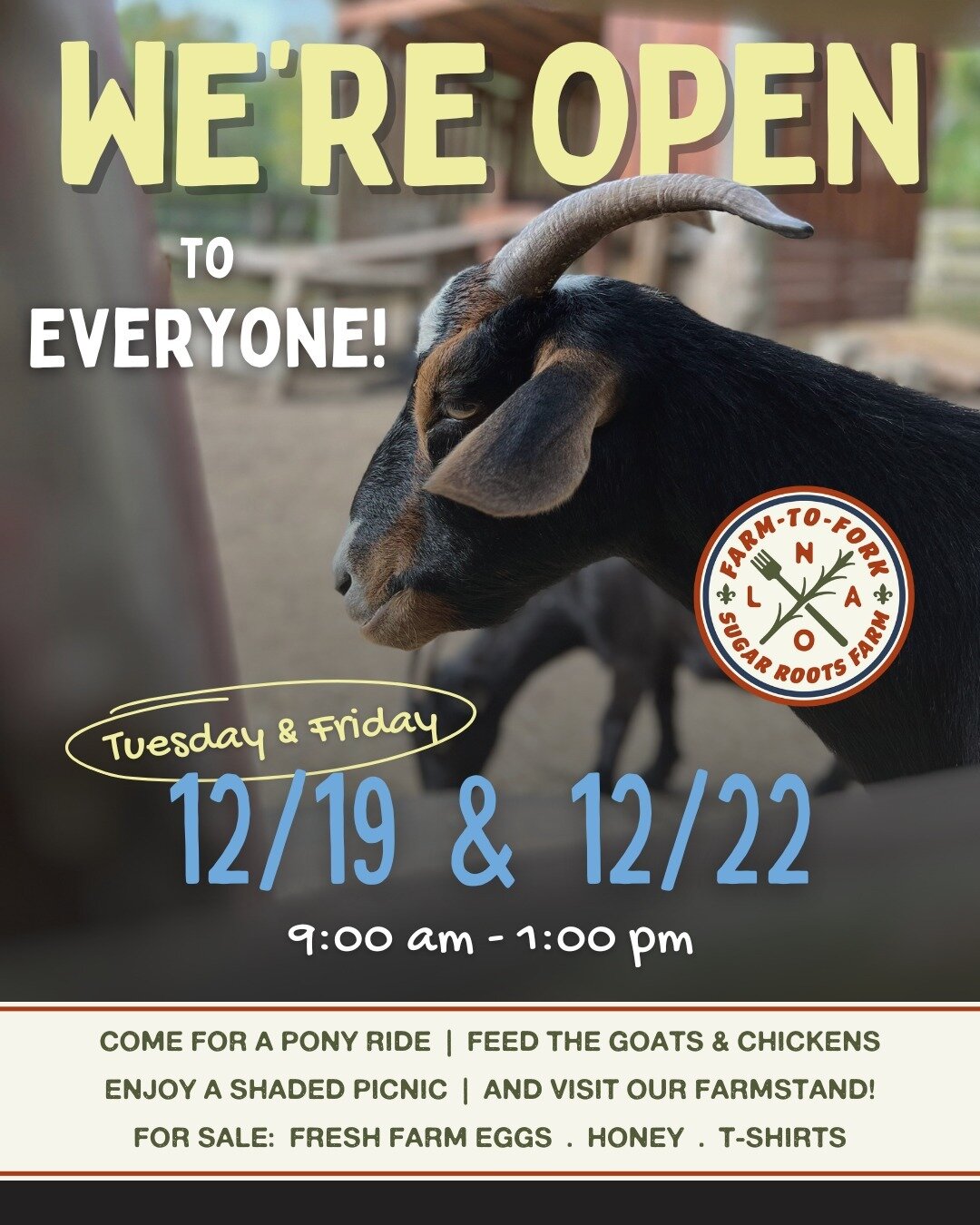 We're opening our gates to the public this Tuesday, Dec 19th, and Friday, Dec 22nd! Join us between 9am - 1 pm for a fun day on the farm. Pony rides and animal feed cups will be available to purchase upon arrival. 
NOTE: Sugar Roots Farm will be CLOS