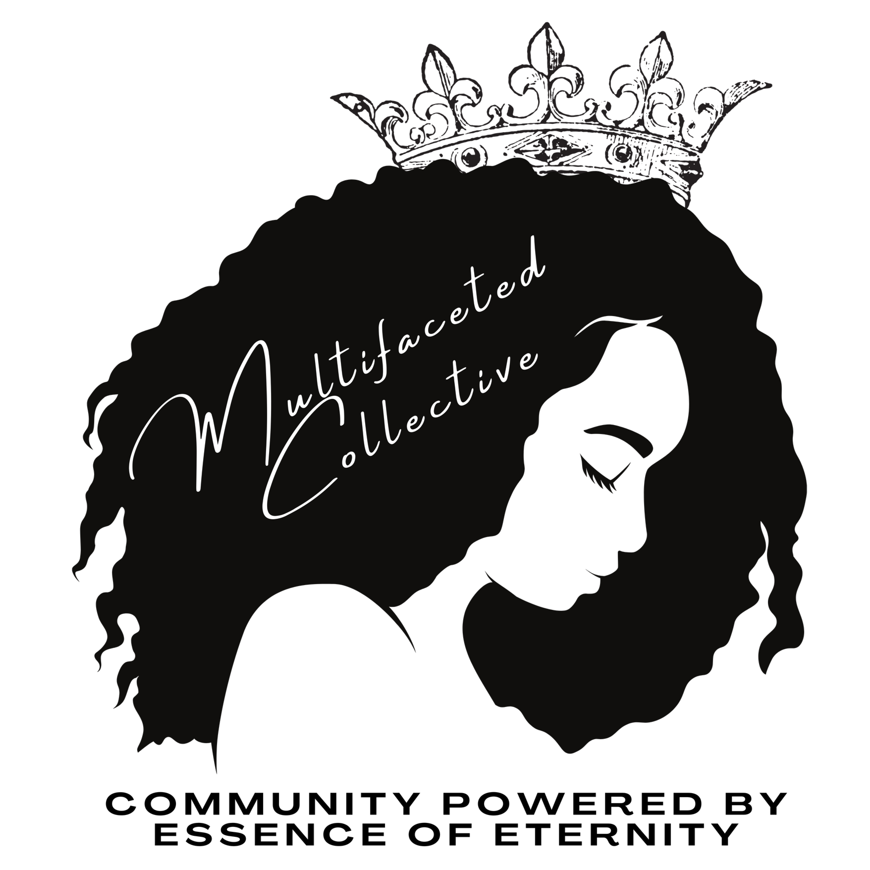 Black silhouette of a woman with curly hair and a crown, with the words 'Multifaceted Collective' written across her hair.
