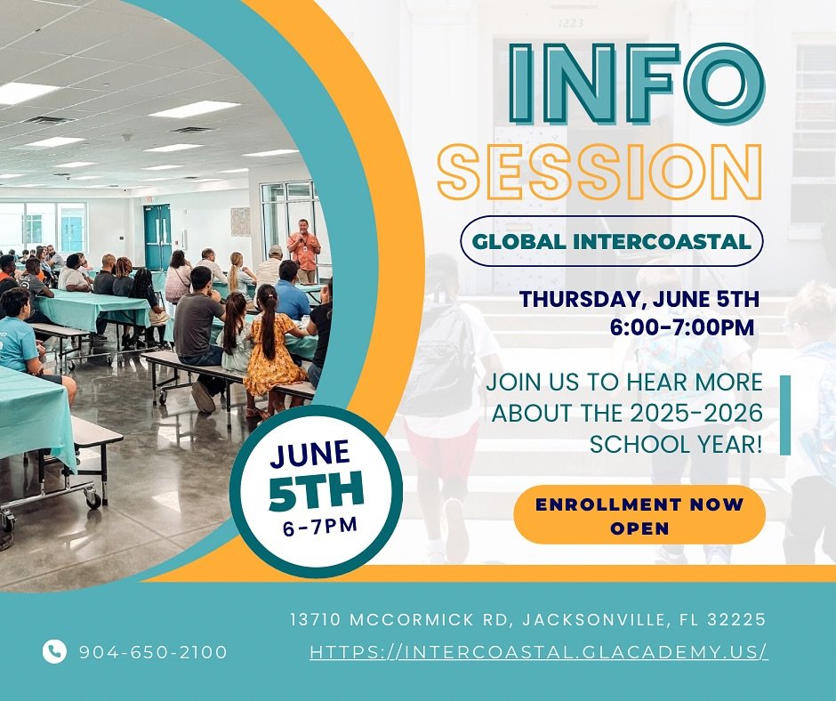 📣 Join us next Thursday, June 5th, from 6-7PM, for Global Intercoastal’s next Info-Session for the 25-26 school year! 🌟 Learn about our K-8 school, tour our new building, and get the scoop on exciting developments in our growing Middle School