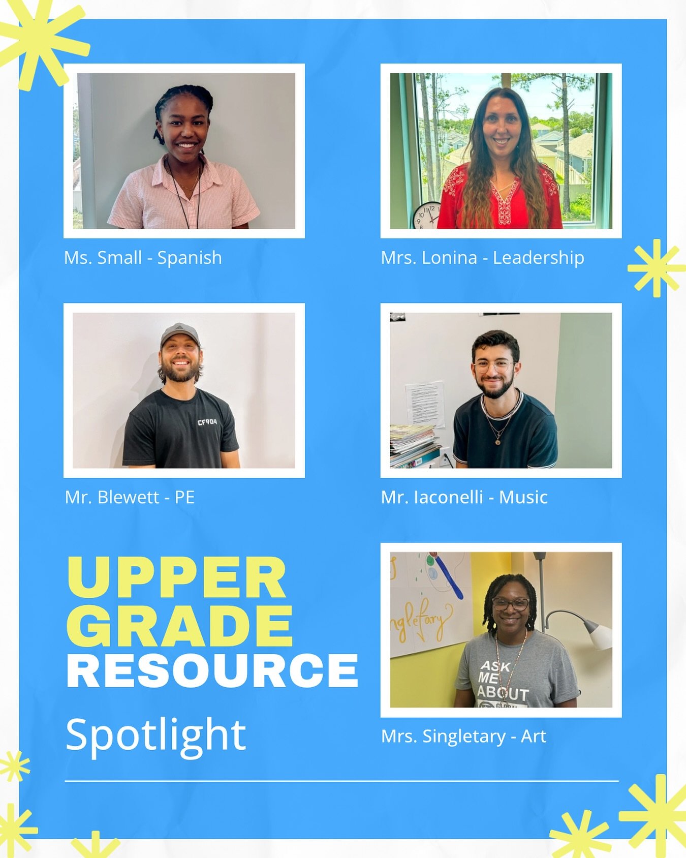 Meet our incredible upper grade resource teachers! 🌟
We asked our teachers what their favorite thing has been about teaching their classes this year and this is what they had to say!
🌍 Ms. Small (Spanish) – “I love when the students a