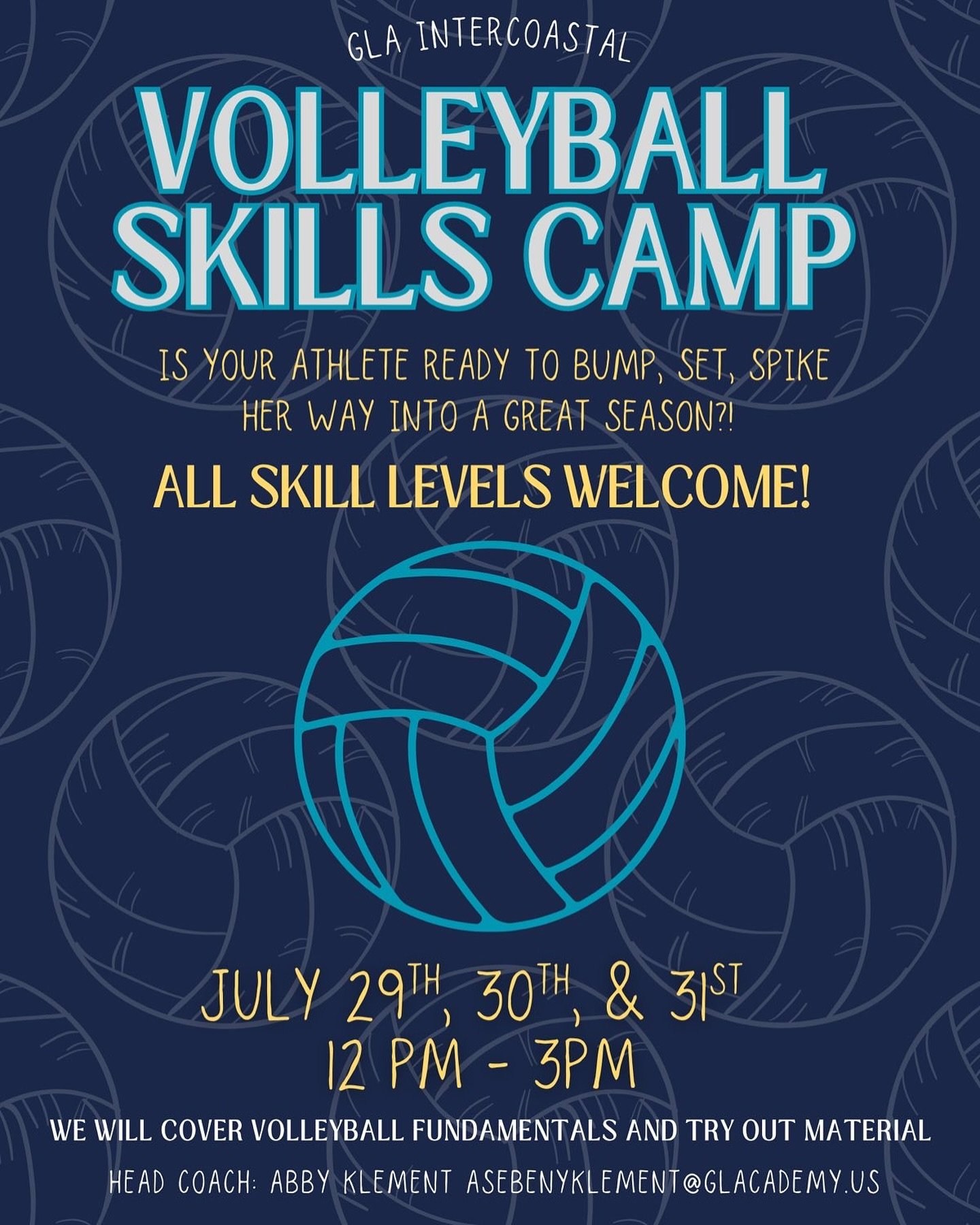 🏐 Calling all future volleyball stars!
Join us for the GLA Intercoastal Volleyball Skills Camp on July 29th–31st from 12–3 PM! Whether you’re new to the game or prepping for tryouts, this is the perfect chance to build your skills