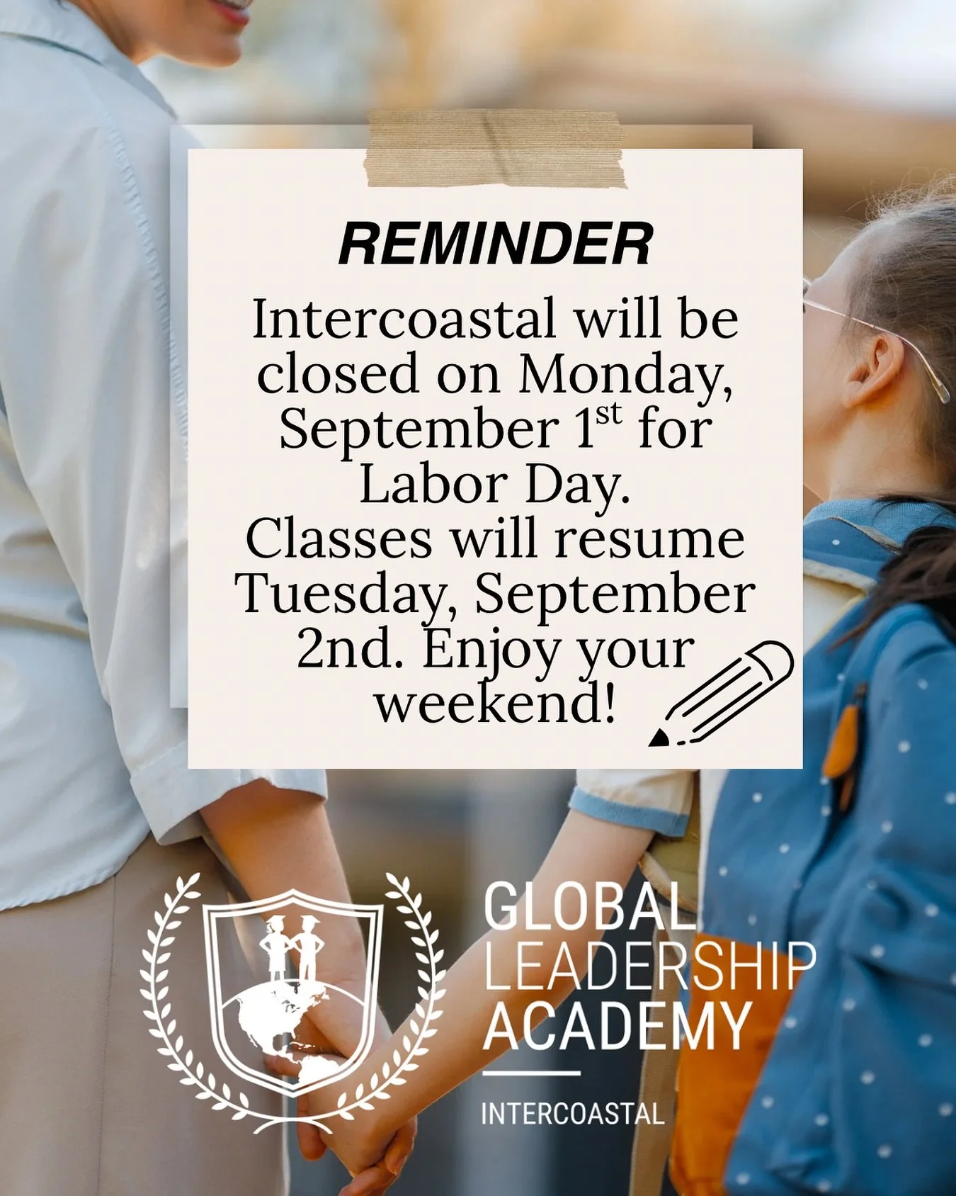 📣 Reminder, Families! 📣
There will be no school on Monday, September 1st in observance of Labor Day. 🇺🇸
✅ Classes will resume on Tuesday, September 2nd.
Wishing all of our students, staff, and families a safe and enjoyable long weekend! ✨
#Scho