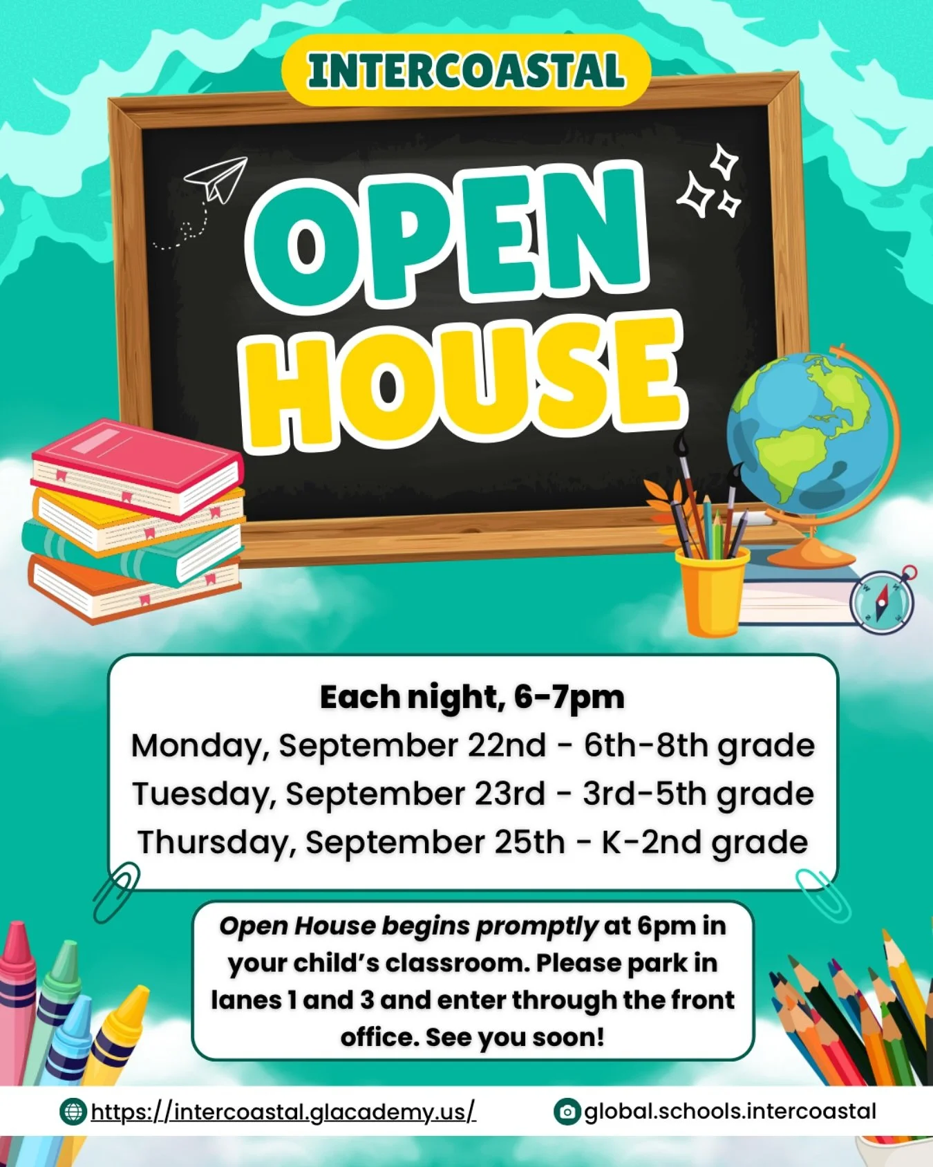 📚✨ It’s almost time for Open House at Intercoastal! ✨📚
Parents, this is your chance to step inside your child’s classroom and hear directly from their teacher about classroom details, routines, and expectations for the year.
👉 Please