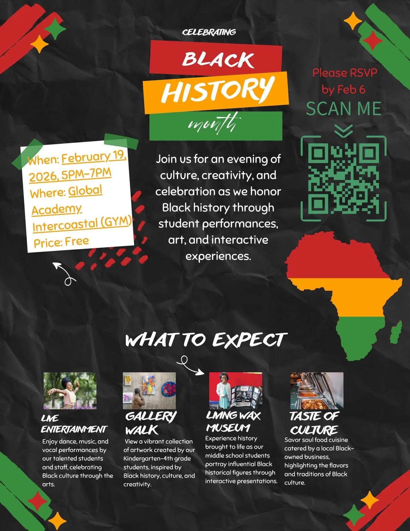 ✨ Celebrating Black History Month at Global Academy Intercoastal ✨

Join us for an evening of culture, creativity, and celebration as we honor Black history through student performances, art, and interactive experiences 💛🖤❤️💚

📅 When: February 19