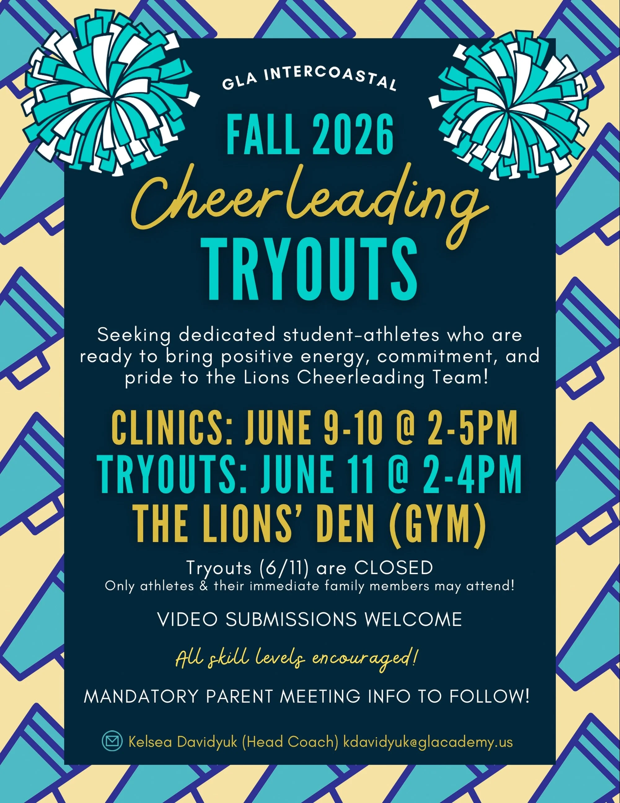 📣 Calling all future Lions Cheerleaders! 🦁📣

Do you have school spirit, positive energy, and a passion for teamwork? Join us for Fall 2026 Cheerleading Tryouts!

📅 Clinics: June 9&ndash;10 | 2:00&ndash;5:00 PM
📅 Tryouts: June 11 | 2:00&ndash;4:0