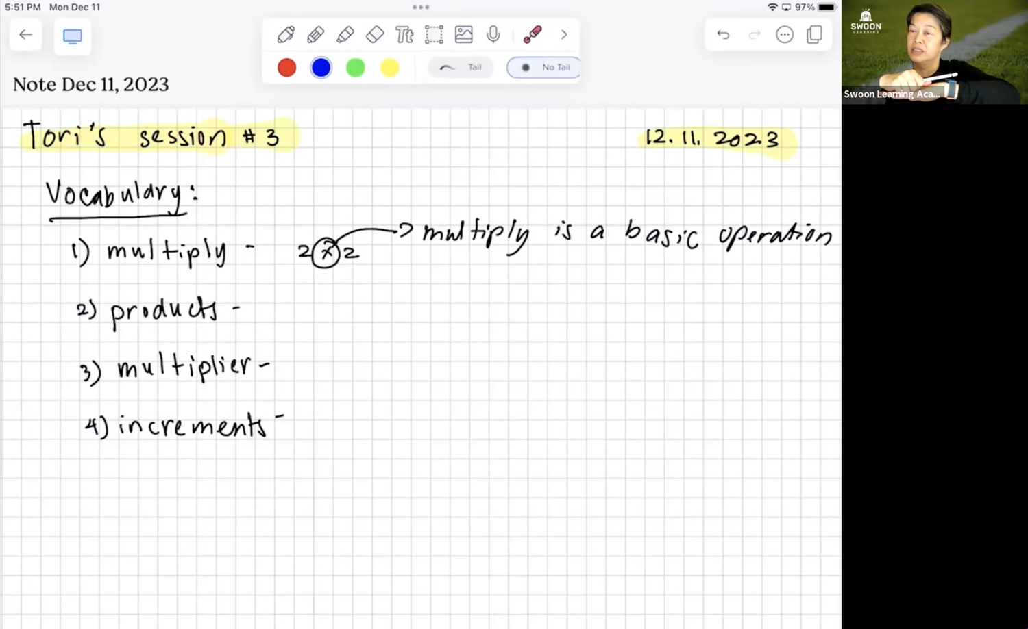 Screenshot of a virtual classroom with a recorded lesson and notes on vocabulary, including the term 'multiply' and its definition, with a teacher in the top right corner.