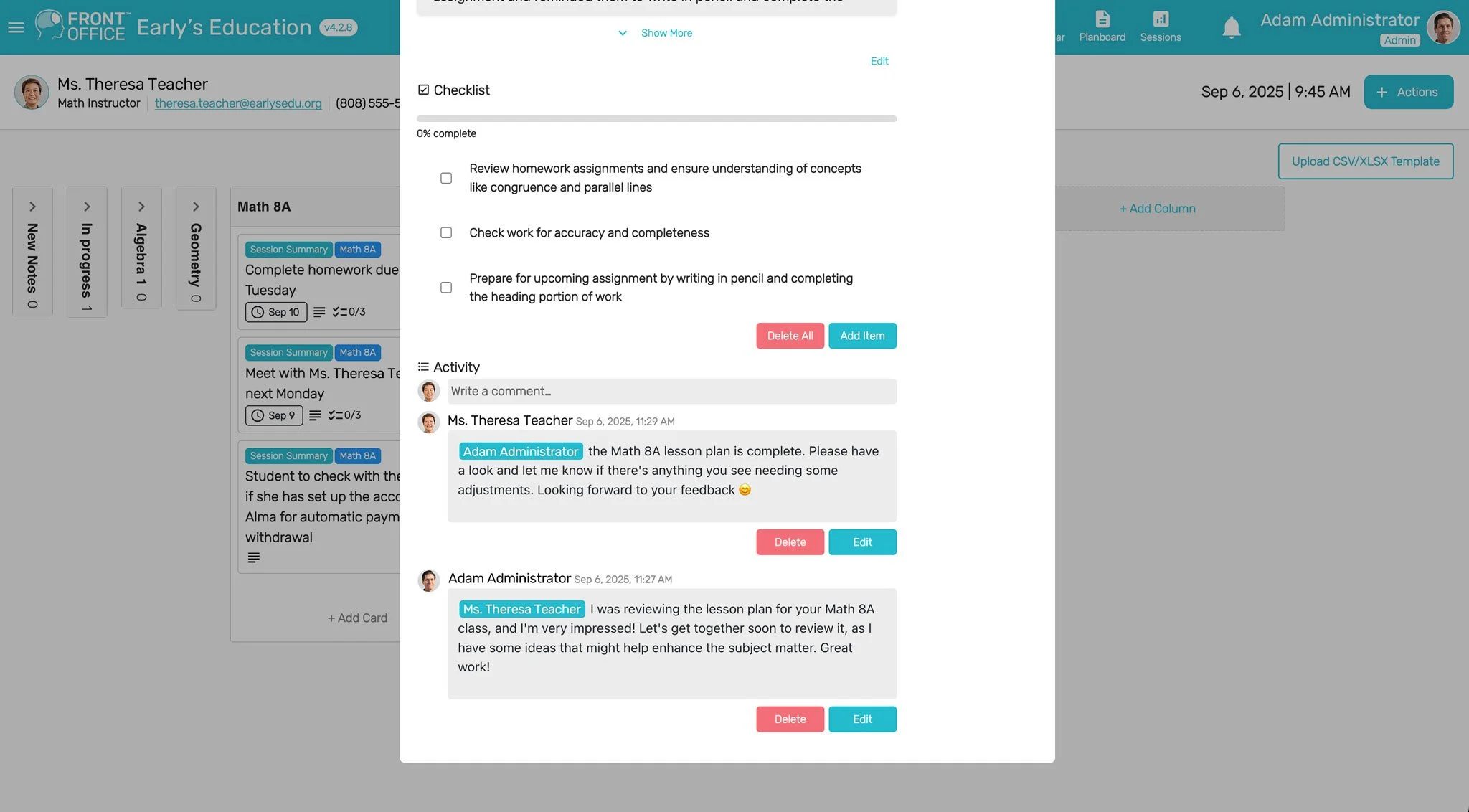 Screenshot of an educational platform's interface showing a discussion between Ms. Theresa Teacher and Adam Administrator about a Math 8A lesson plan, with checklists, activities, and comments.