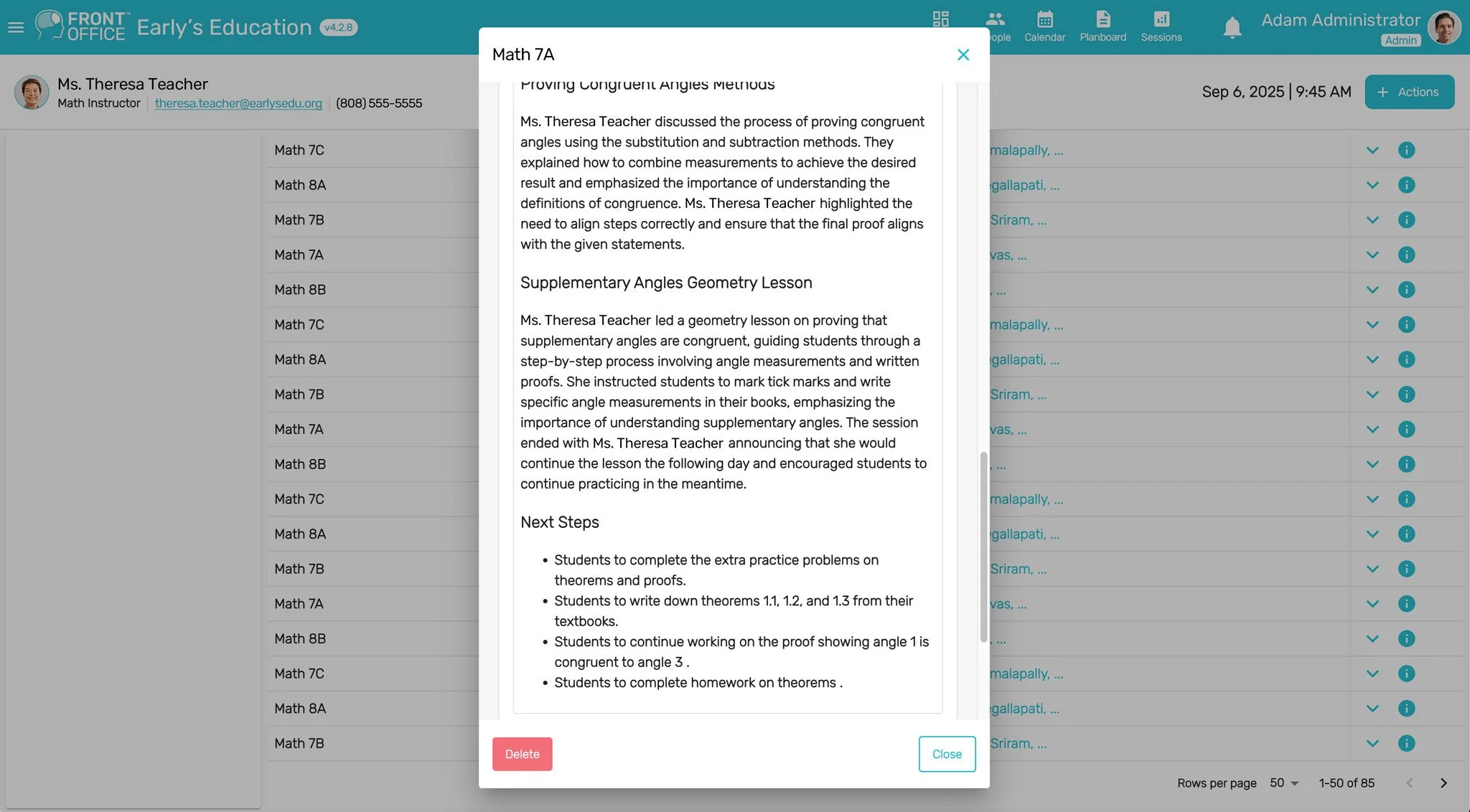 Screenshot of a teacher's digital classroom interface, showing a detailed lesson plan for a Math 7A class. The plan includes sections discussing proving congruent angles using substitution and subtraction methods, and a geometry lesson on supplementary angles. The interface displays the teacher's name, contact, date, and time, with menus for actions and navigation.