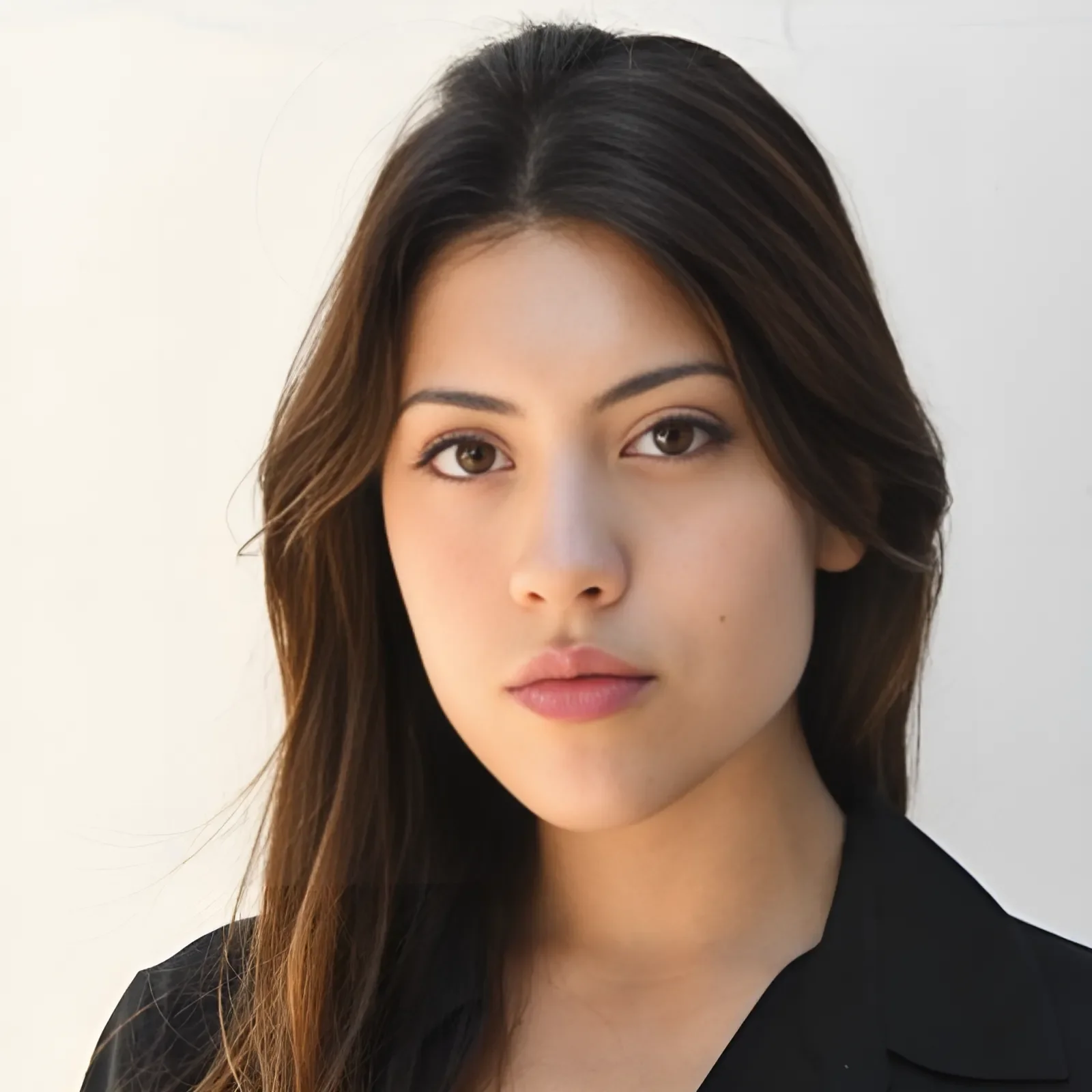 A close-up portrait of a young woman with long, dark brown hair, wearing a black top, looking directly at the camera with a neutral expression.