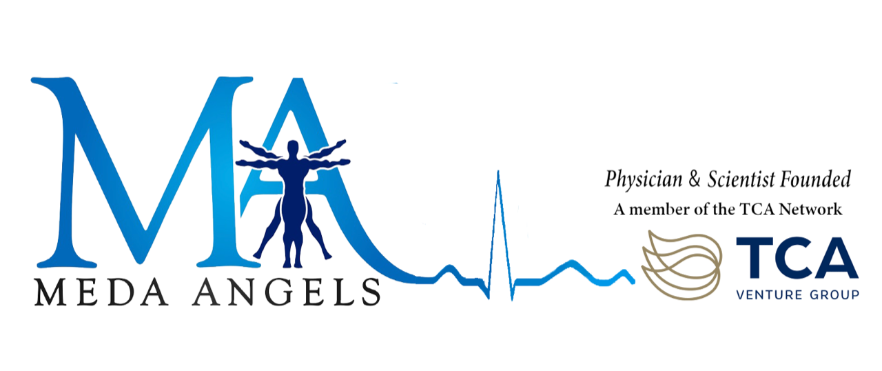 Logo for MEDA Angels featuring a blue large 'M' with a human figure in the center, an ECG line connecting to the TCA Venture Group logo, which includes text and a stylized gold bird.
