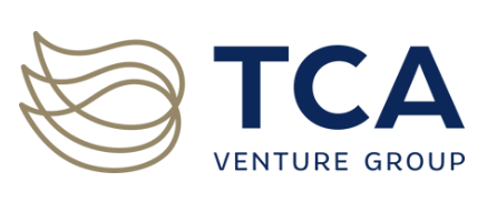Logo for TCA Venture Group featuring a stylized gold wave design next to the text 'TCA Venture Group' in blue.