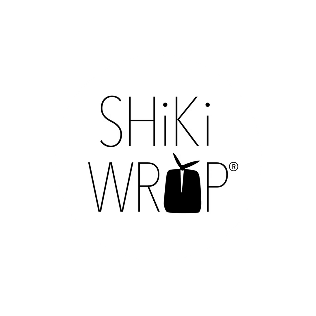 Logo for Shiki Wrap featuring stylized text and a black silhouette of a wrapped item with a leaf on top, inside a white circle.