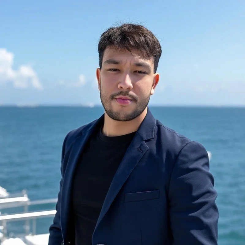 Young man with dark hair and beard taking a selfie on a boat or cruise ship with the ocean and sky in the background.