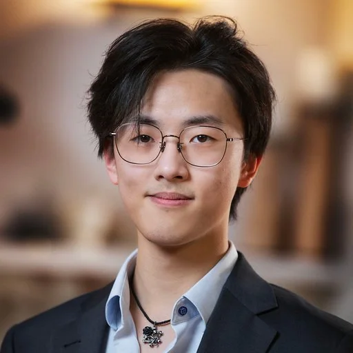A young man with glasses and dark hair, dressed in a suit and tie, smiling in an indoor setting.