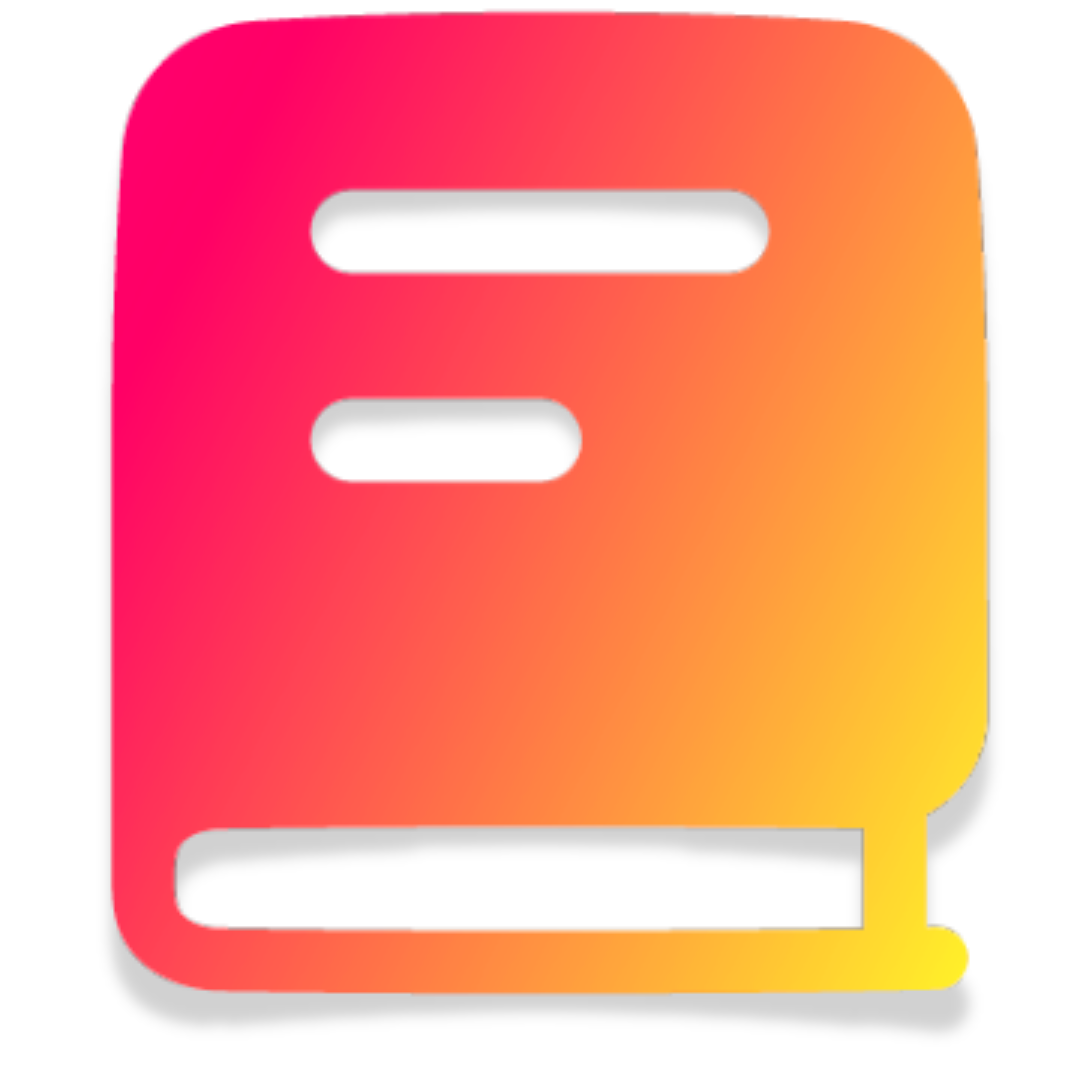 Colorful icon consisting of a square with rounded corners, featuring three horizontal black lines of varying lengths. The icon has a gradient background transitioning from pink to yellow.