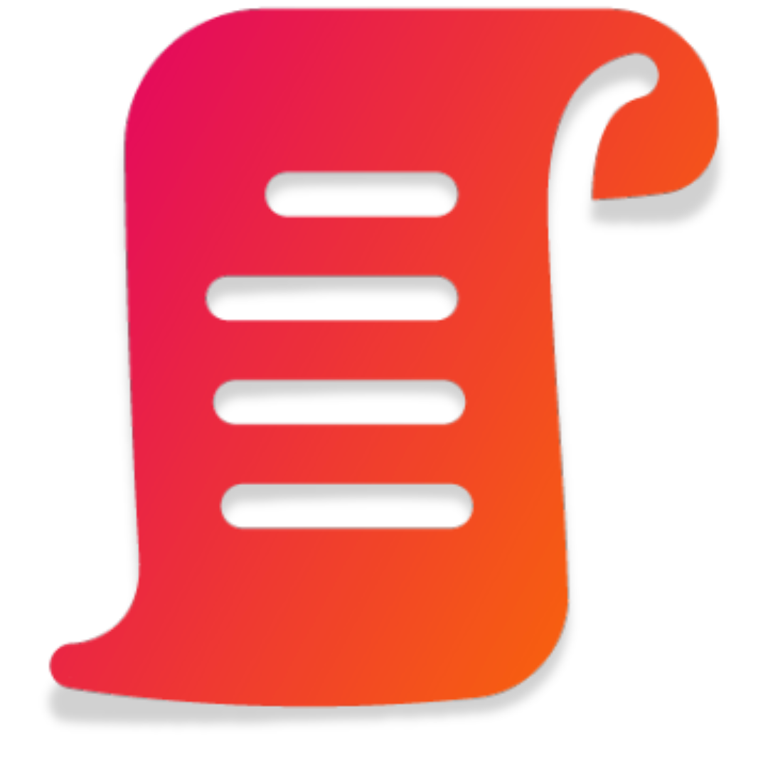 A stylized quotation mark icon with a gradient orange to pink color, featuring black horizontal lines inside.