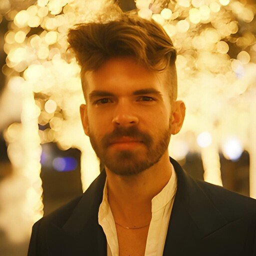 A young man with styled brown hair and a beard, wearing a black jacket over a white shirt, standing outdoors at night with warm decorative lights in the background.