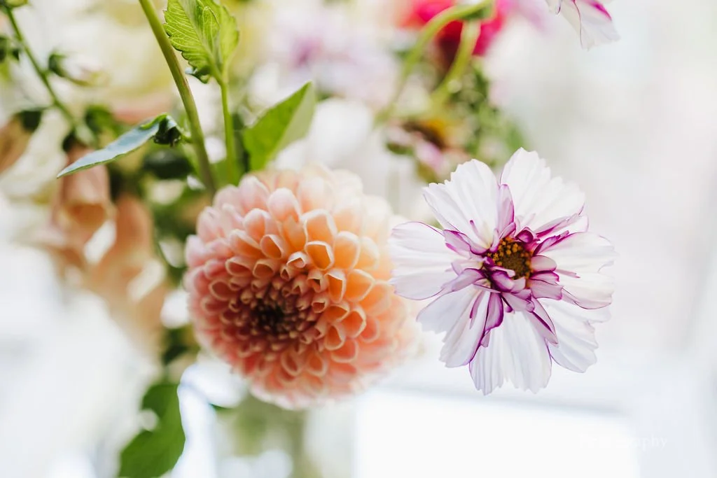 Detailed close-up of painterly shades of locally grown dahlias, foxgloves and cosmos flowers in a wedding bouquet