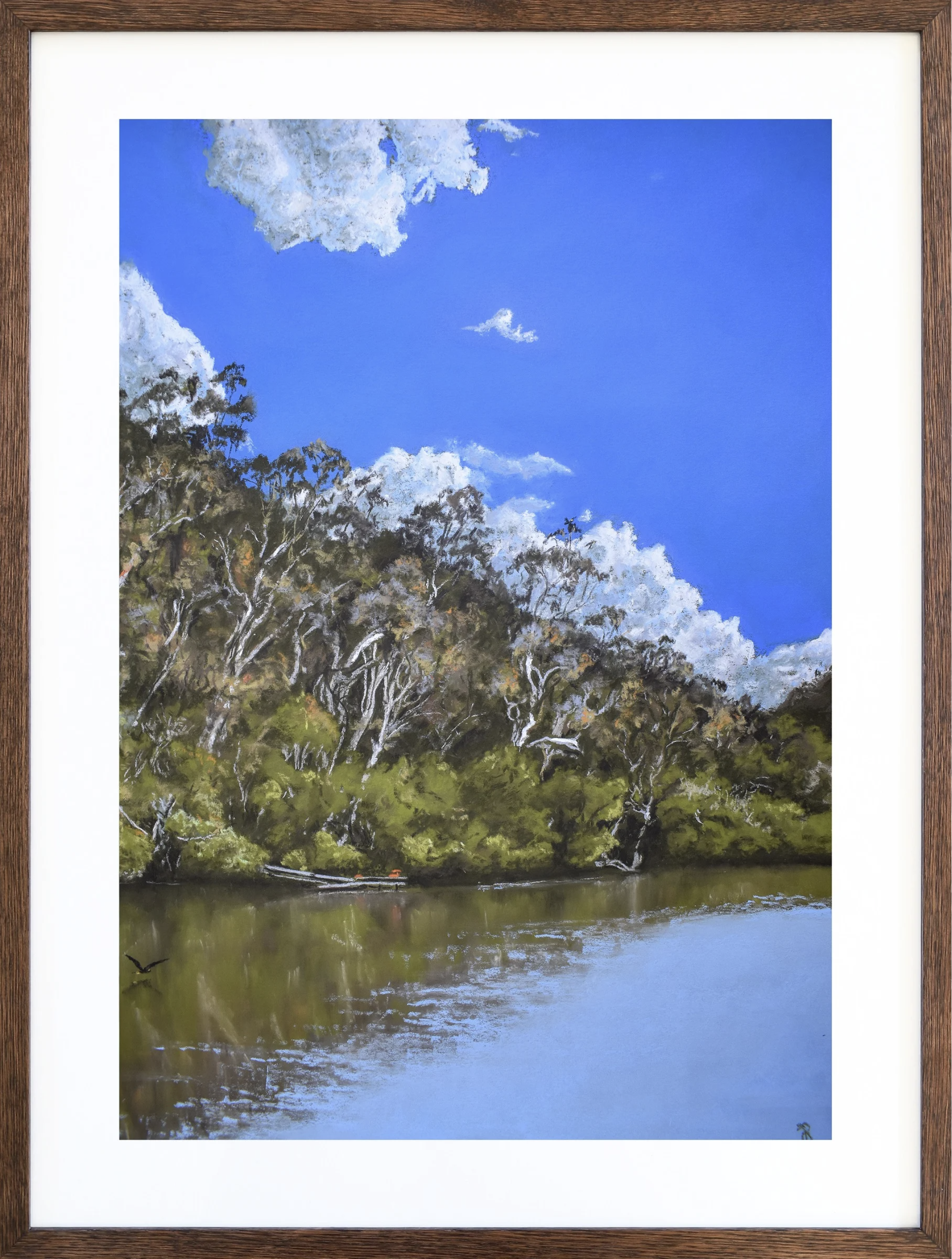 Drifting Downstream, 2024 
Soft Pastel on 340gsm watercolour paper
Image: 67x47cm, Frame: 82x62cm
(sold)