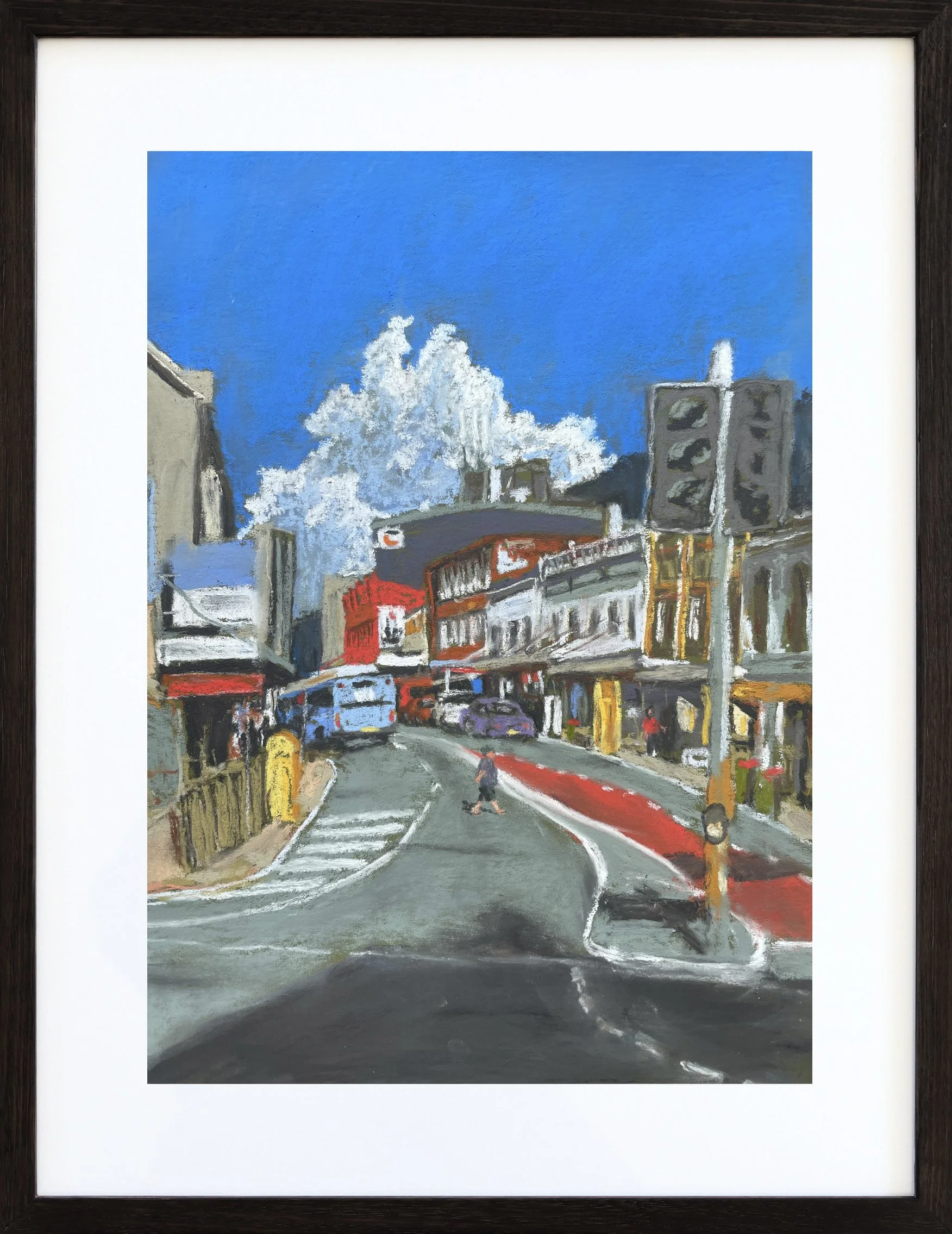 Crown Street | 2023 
Soft Pastel on 340gsm watercolour paper
Image: 34x24cm, Frame: 49x39cm
$480 AUD (Framed by Sepal Framing)
Enquire to purchase