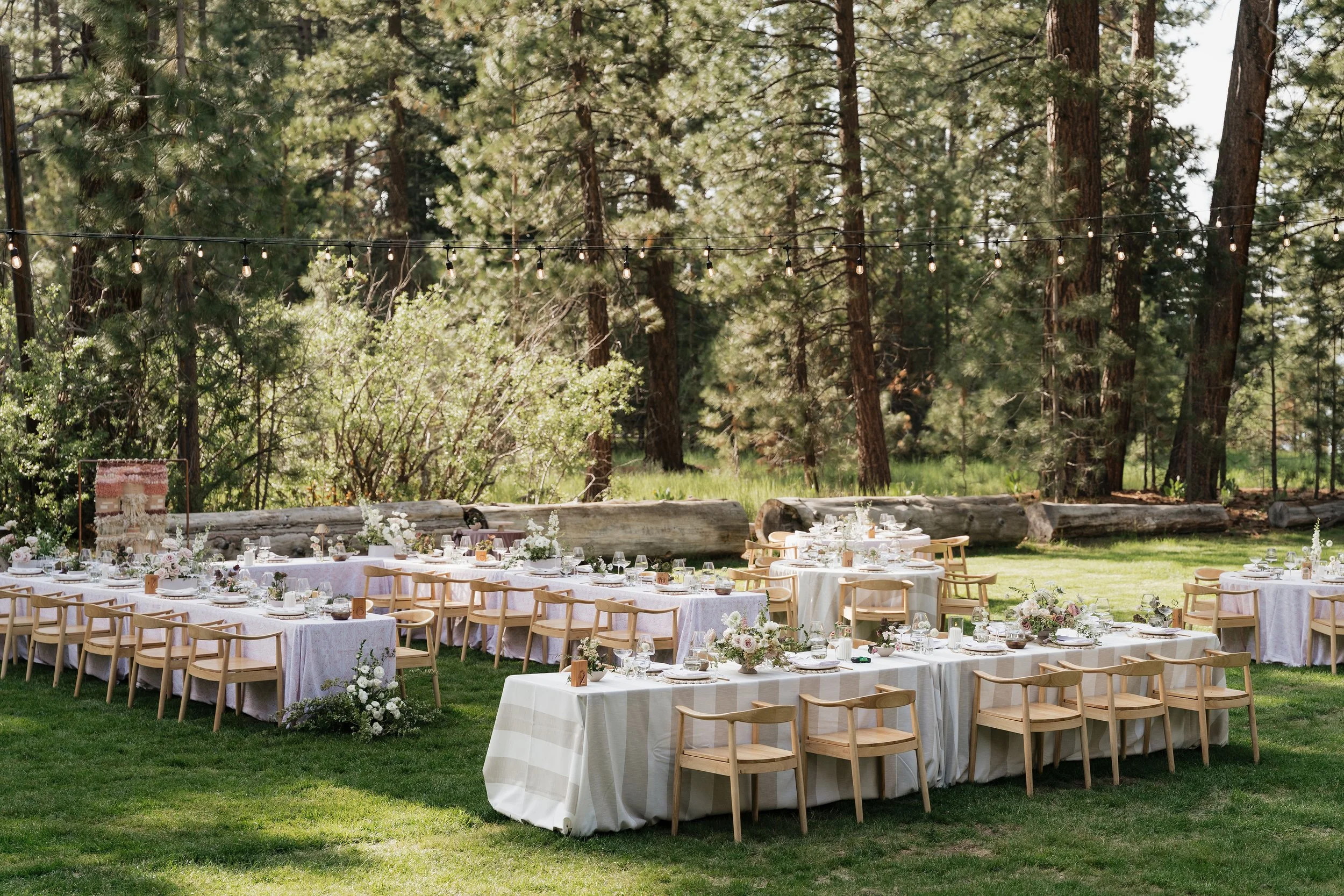 Outdoor wedding reception setup with long tables covered in white tablecloths, decorated with floral centerpieces, glassware, and plates, situated on green grass in a forested area with tall trees and string lights overhead.