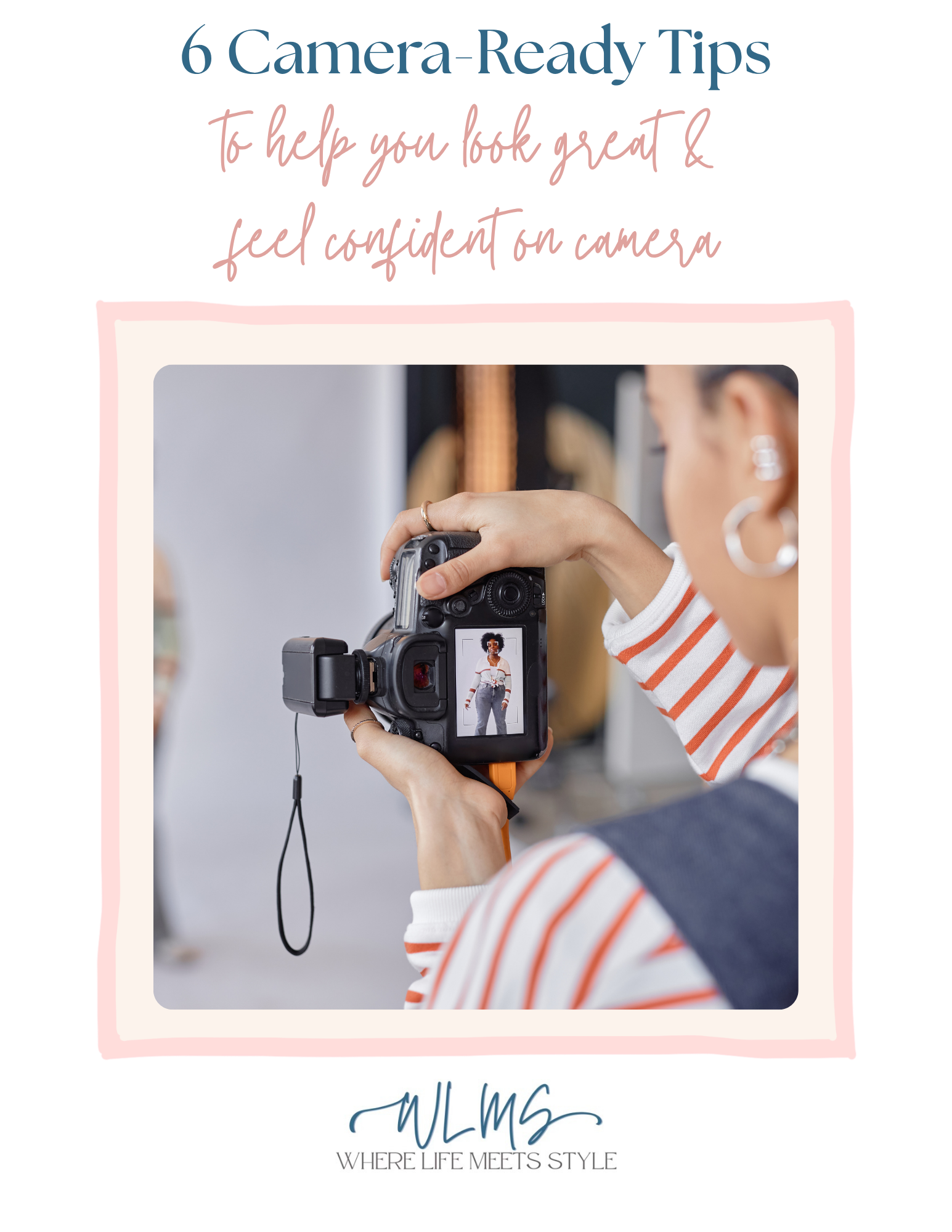 Female photographer looks into camera showing picture of woman