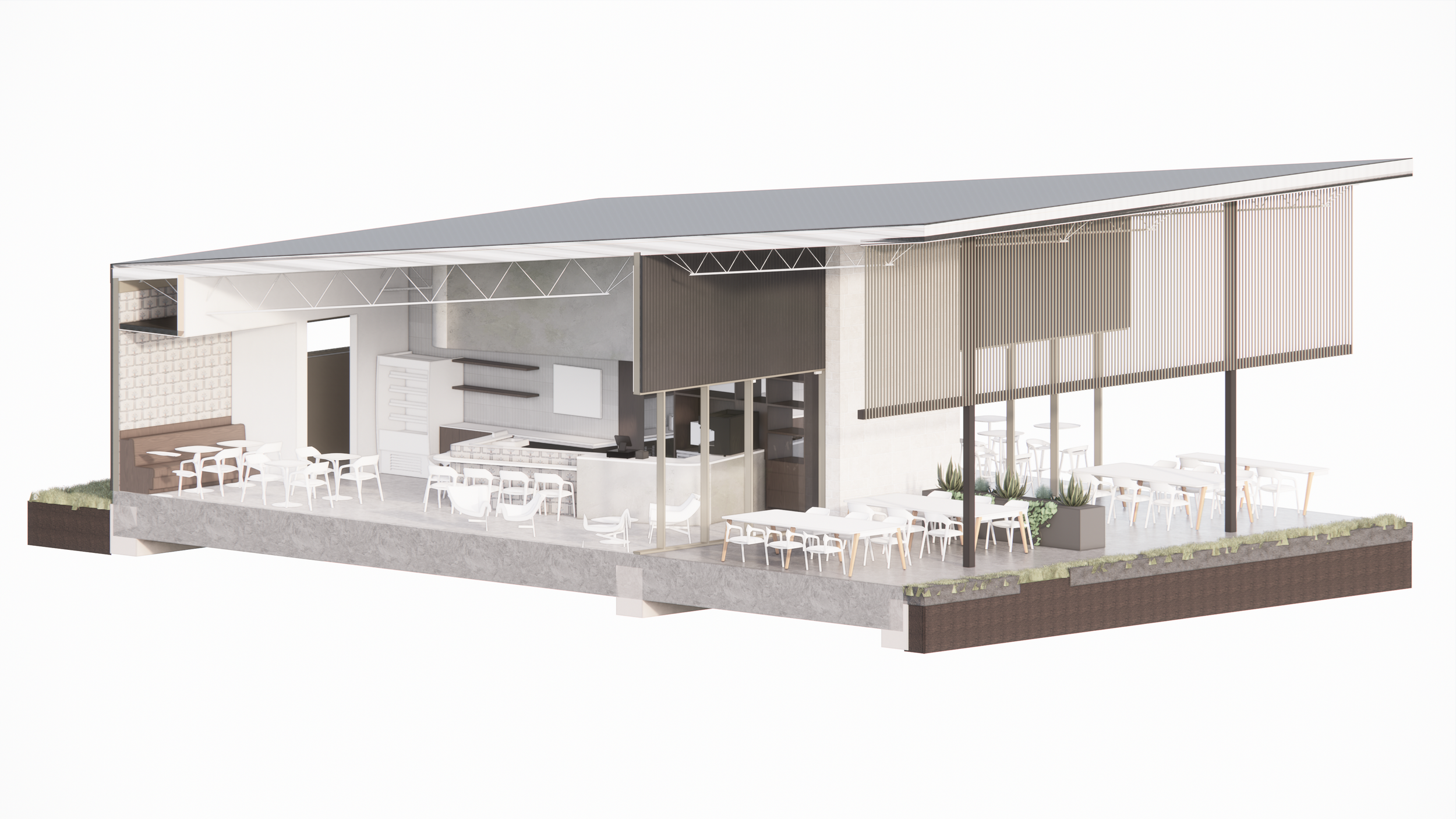 COFFEE HQ - New Construction Restaurant and Bar in Austin, TX for local coffee company. Custom Architecture and Interior Design services. Custom furniture design, lighting design and selection, custom millwork complement all-new kitchens, event space