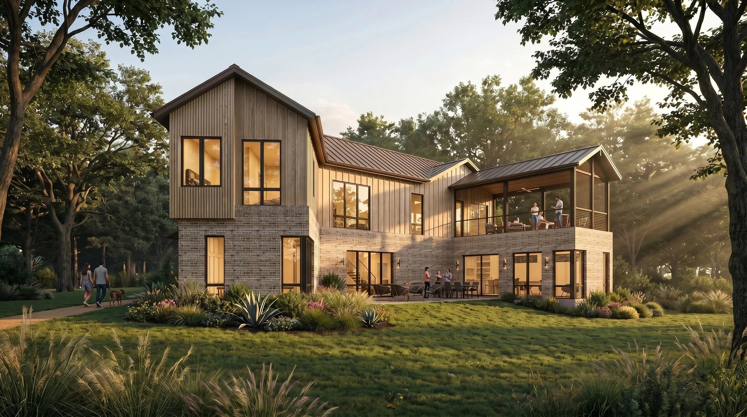 New Construction Mid-Century Modern Home in Austin, TX. Custom Architecture and Interior Design services. Sustainable design with mature trees, creek, and yards. Bright, open, airy spaces connect indoor and outdoor living spaces. Custom residential, 