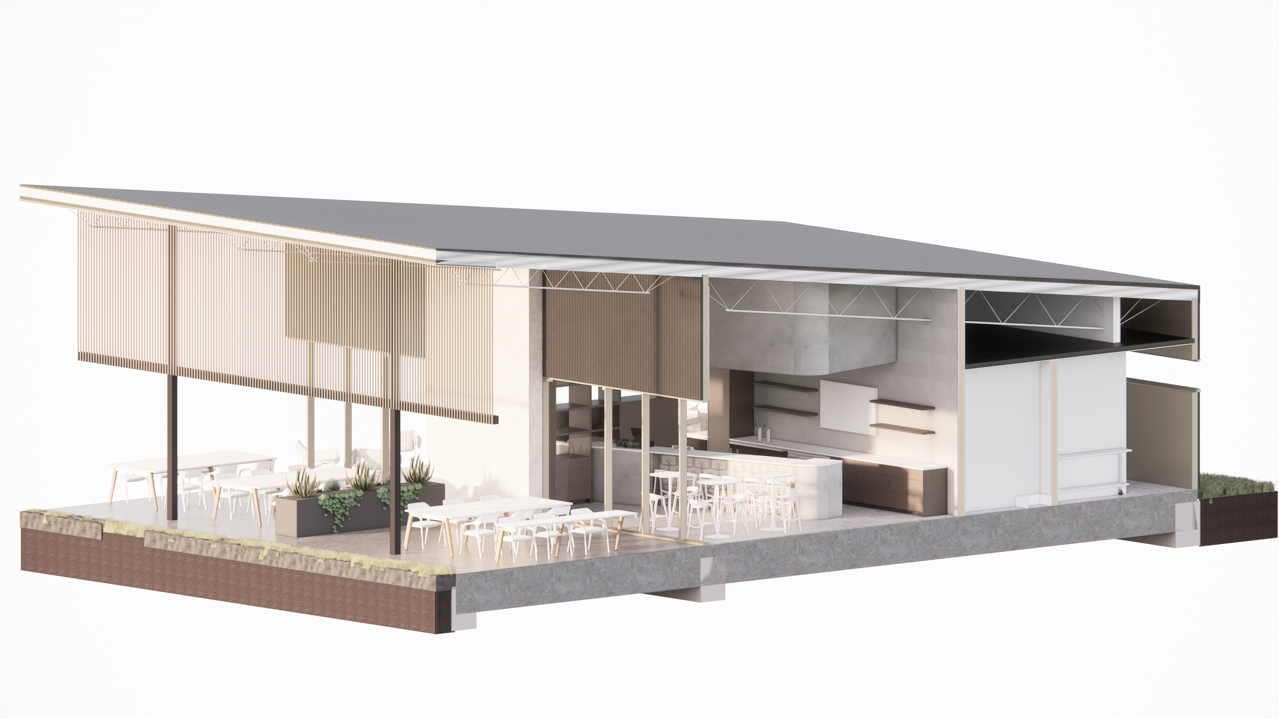 COFFEE HQ - New Construction Restaurant and Bar in Austin, TX for local coffee company. Custom Architecture and Interior Design services. Custom furniture design, lighting design and selection, custom millwork complement all-new kitchens, event space