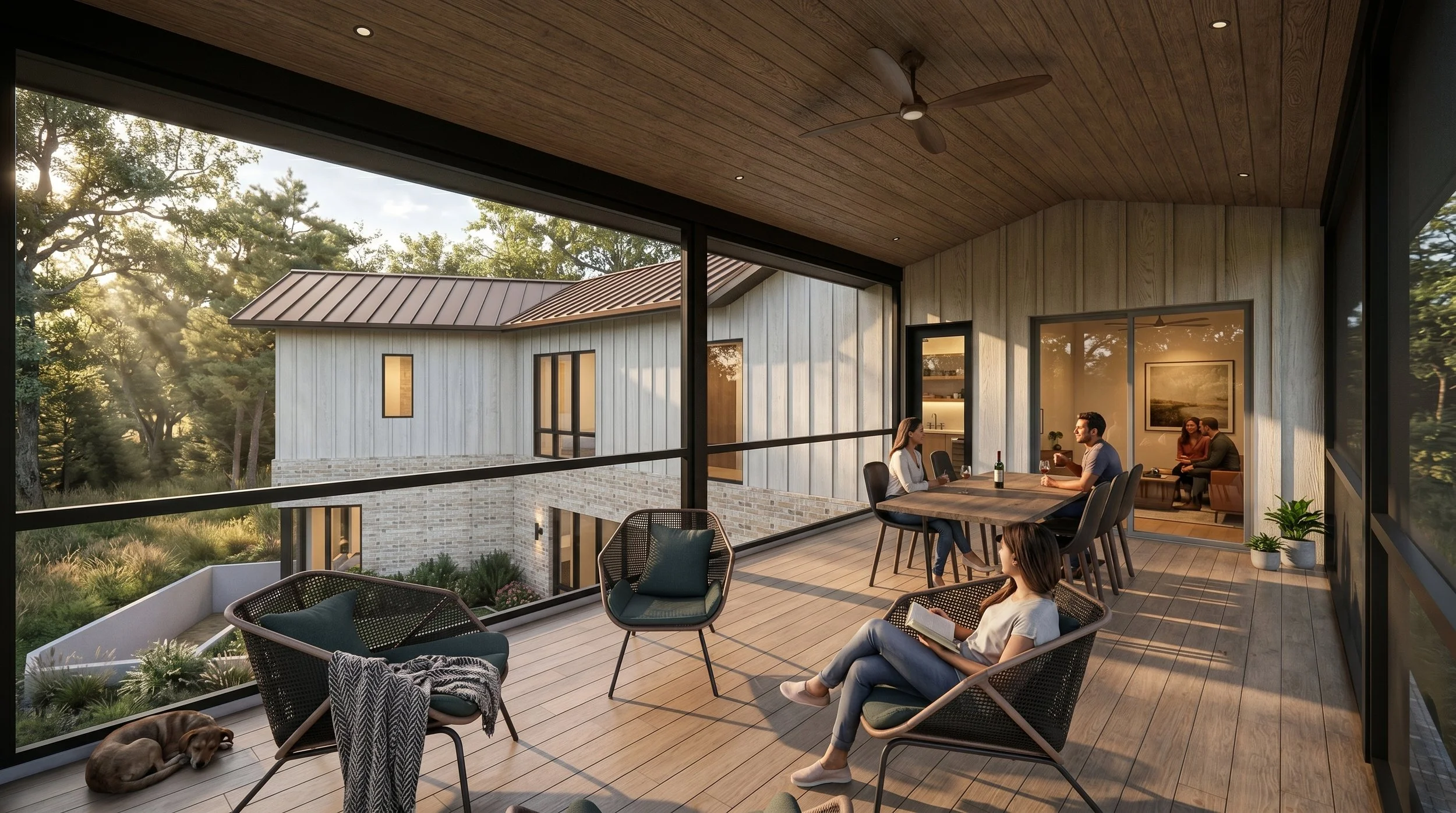New Construction Mid-Century Modern Home in Austin, TX. Custom Architecture and Interior Design services. Sustainable design with mature trees, creek, and yards. Bright, open, airy spaces connect indoor and outdoor living spaces. Custom residential, 